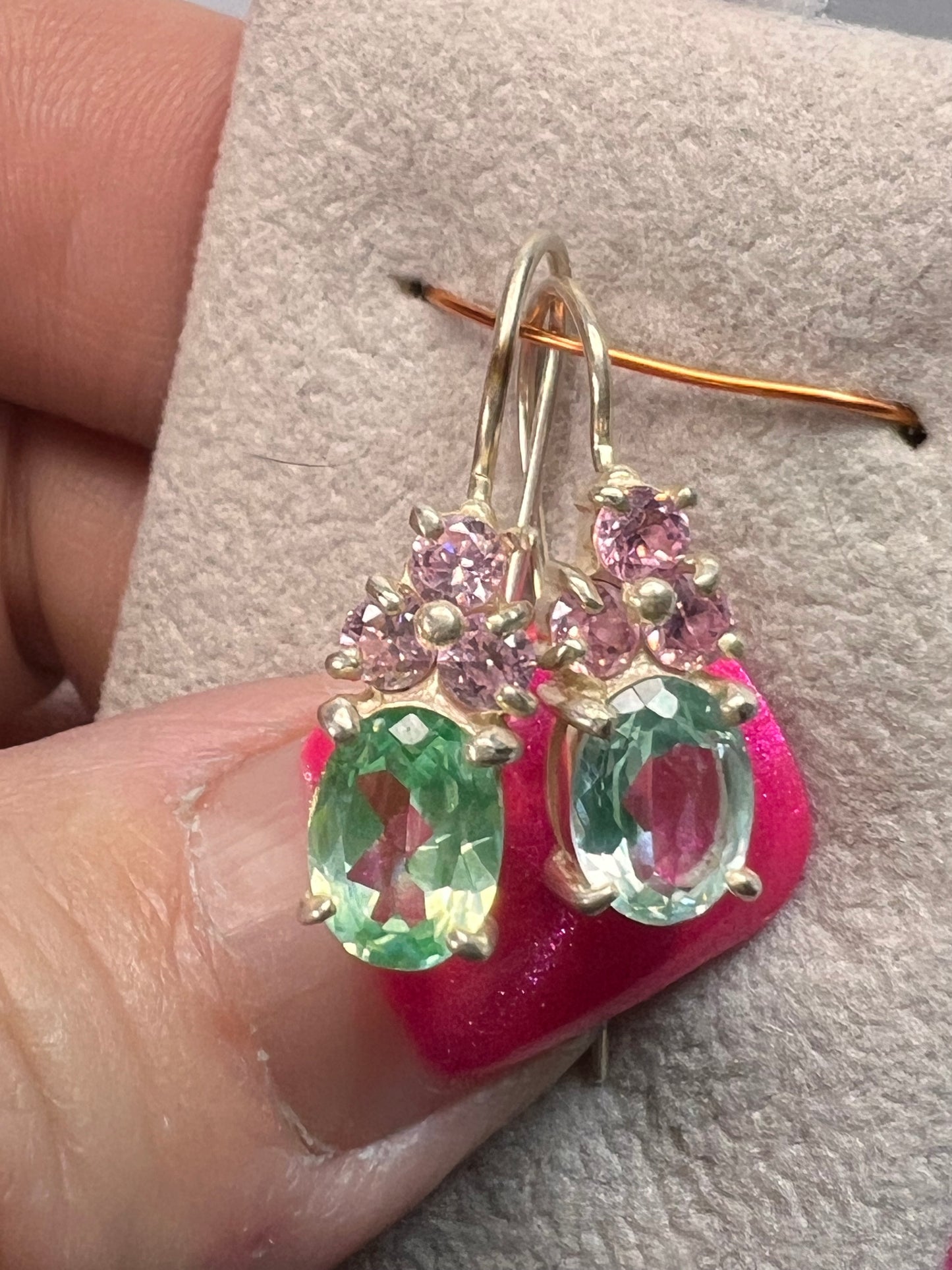 Aqua spinel and pink CZ sterling silver earrings by HAN