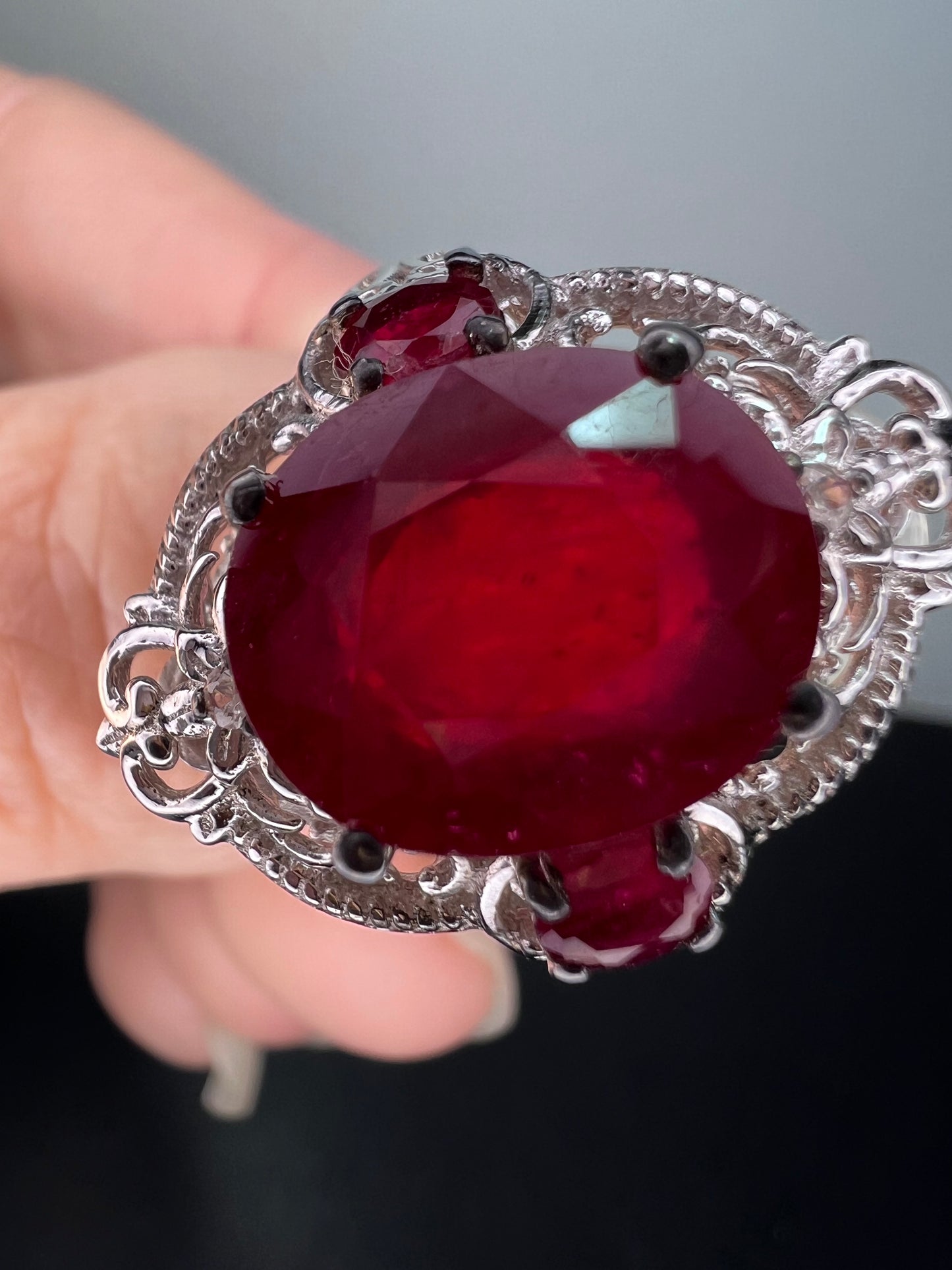 Ruby and white topaz sterling silver cocktail ring size 9