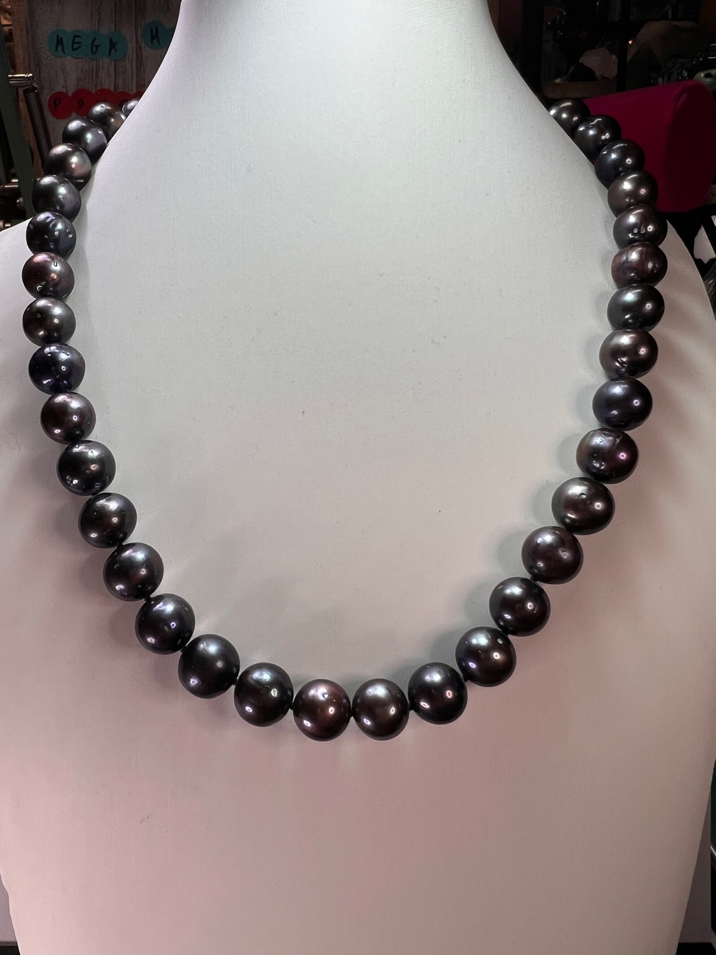 11-12mm cultured black pearl necklace with sterling silver jumbo clasp