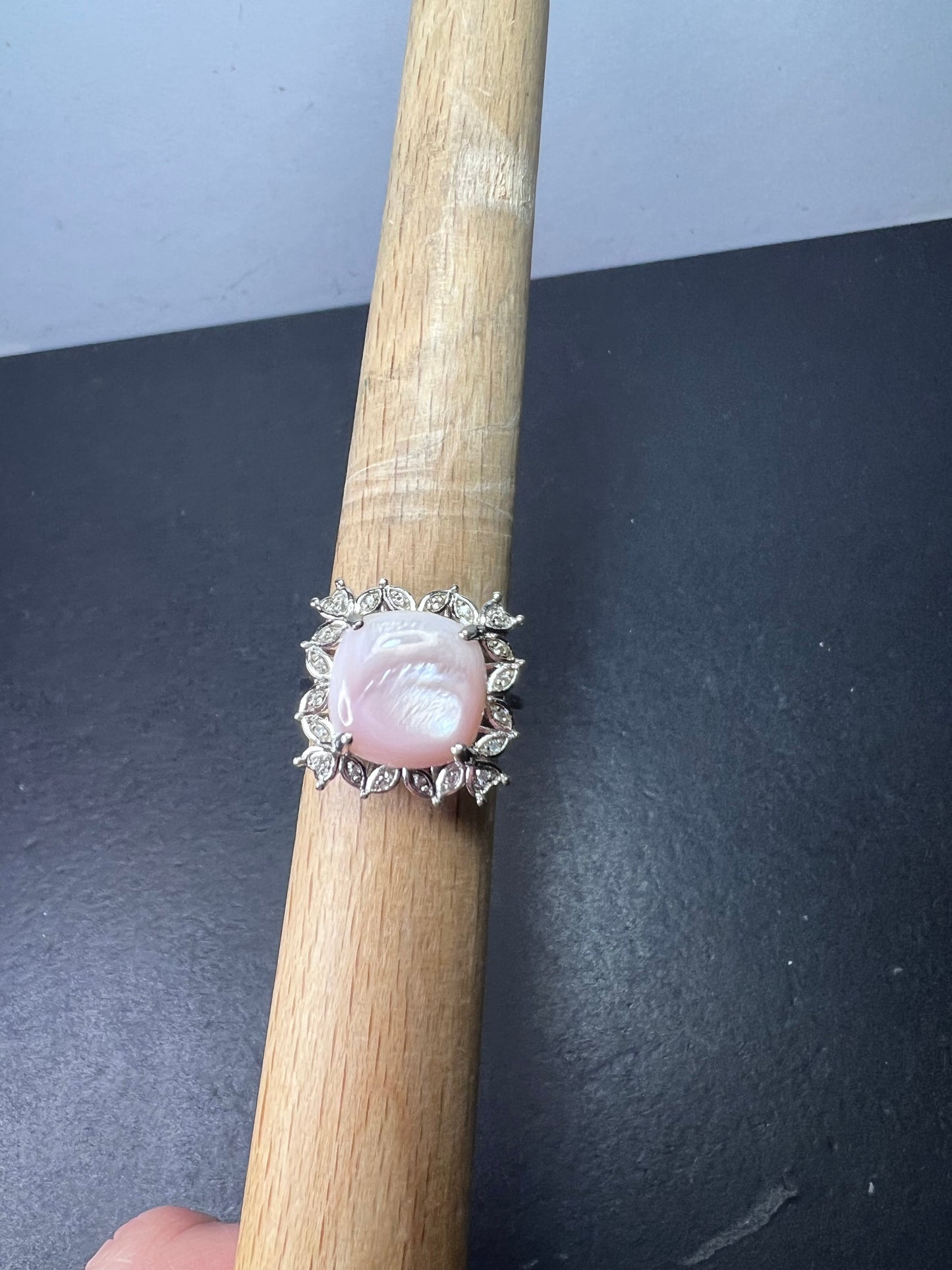 Pink Mother-of-Pearl With White Zircon Rhodium Over Sterling Silver Ring size 8