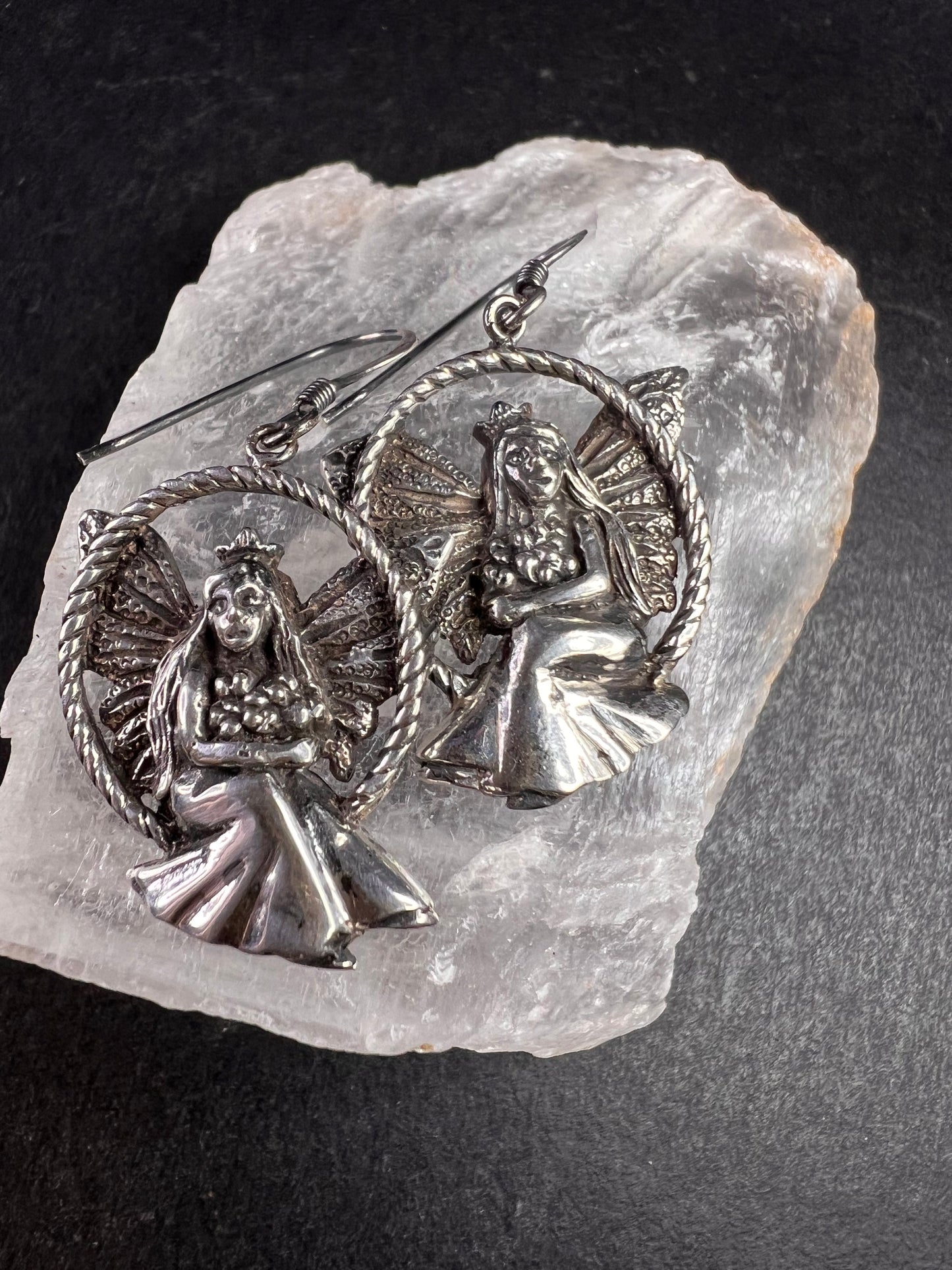 Vintage Sterling Silver Fairy Earrings • Detailed Wings & Floral Motif