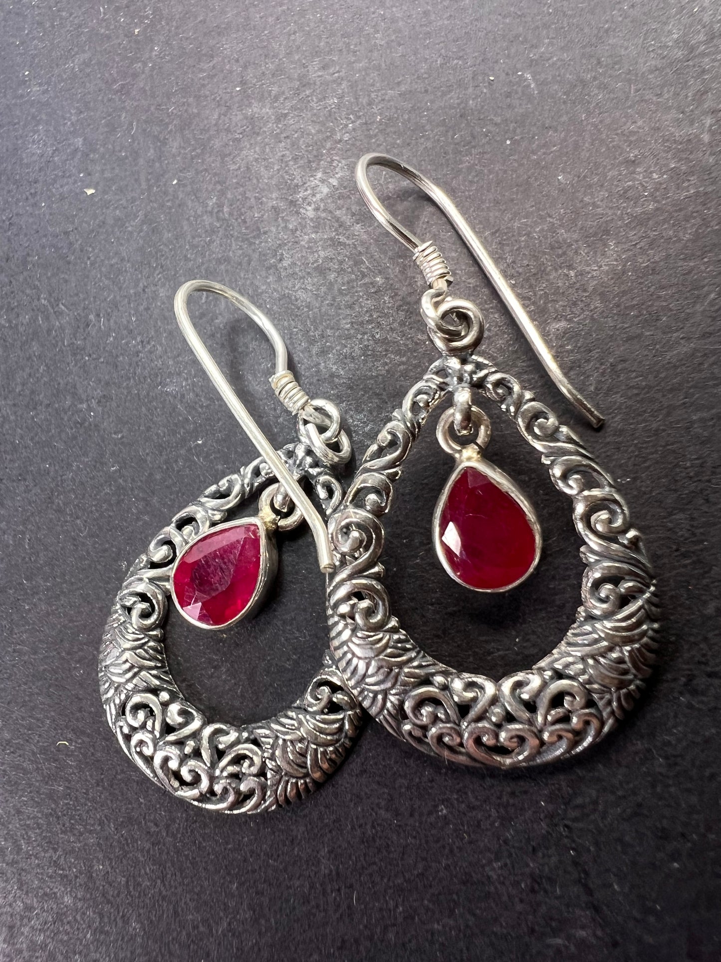 Ruby sterling silver open tear drop earrings