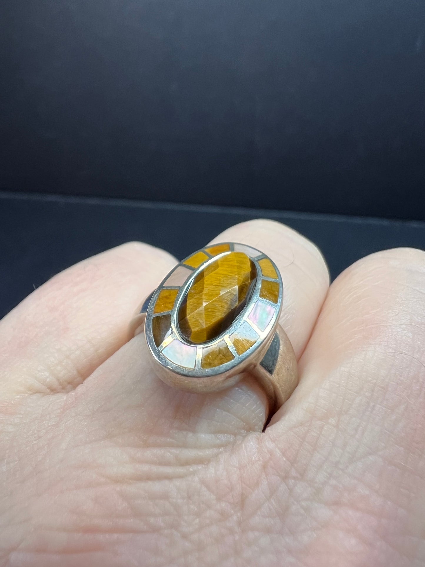Whitney Kelly tigers eye and mother of pearl sterling silver ring size 7