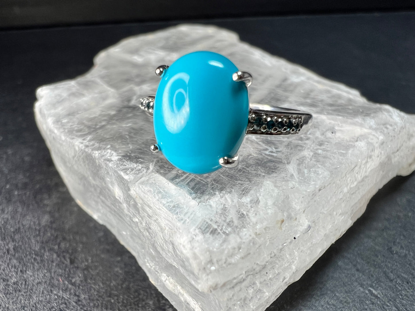 Sterling Silver Turquoise Ring with Blue Diamond Accents Size 6