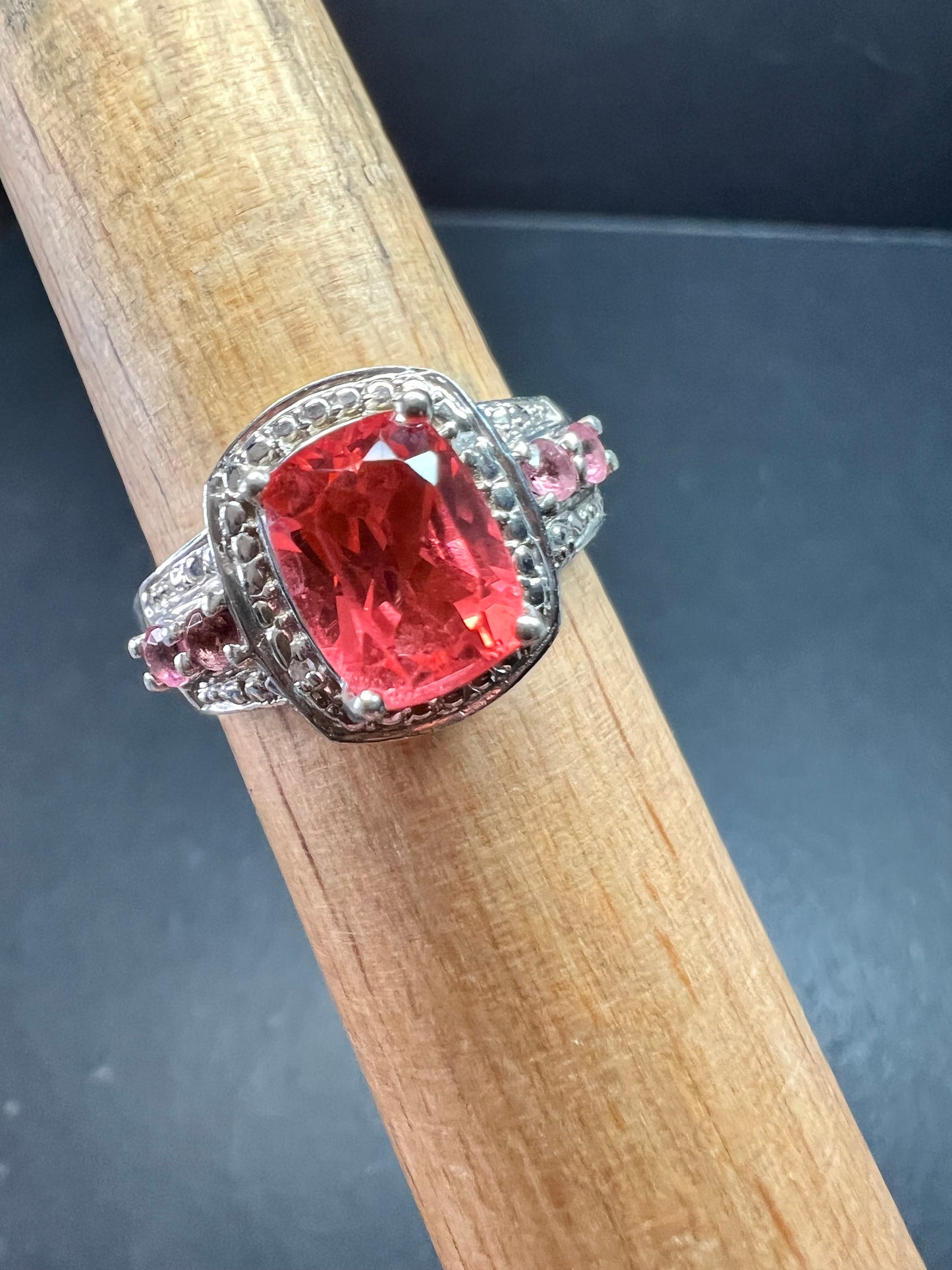 Sterling Silver Peach Red Quartz Doublet & Pink Tourmaline Ring 8.75