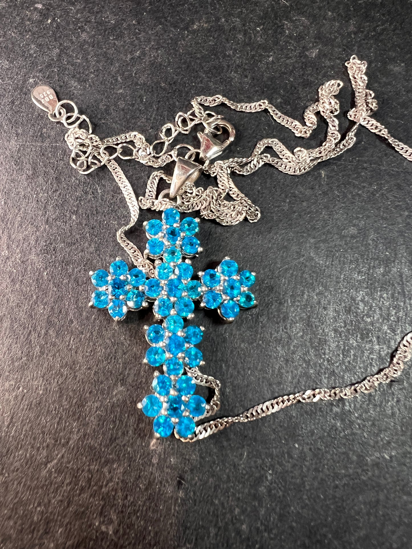 Neon Blue Apatite Rhodium Over Sterling Silver Cross Pendant With Chain 3.25ctw