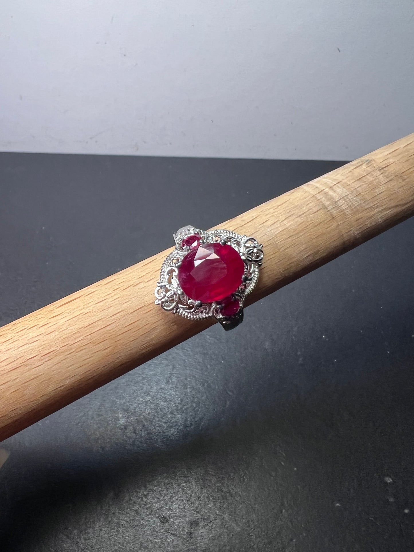 Ruby and white topaz sterling silver cocktail ring size 9