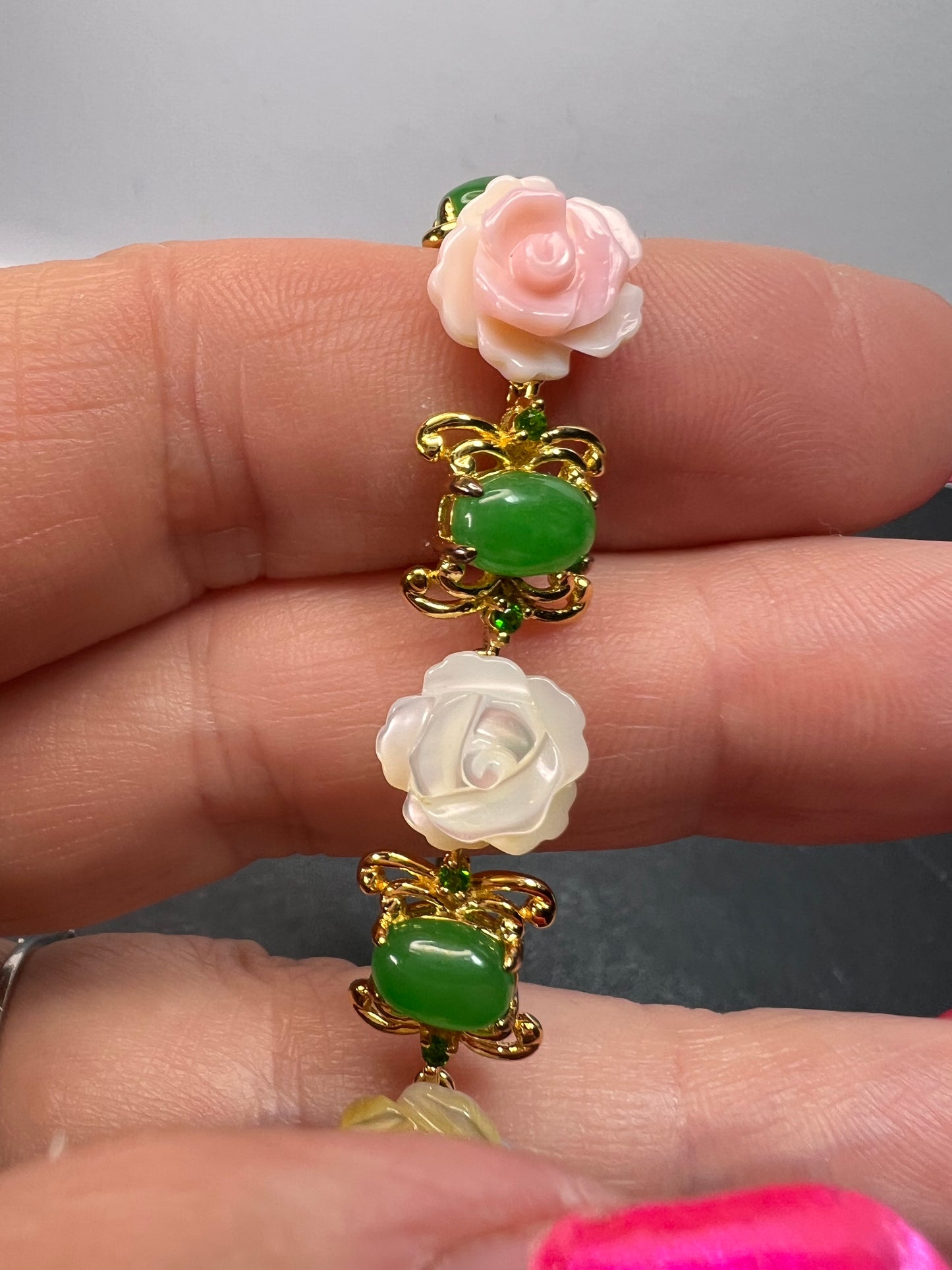 Mother of pearl roses , jade and chrome diopside bracelet in gold over sterling silver 7.5 inches