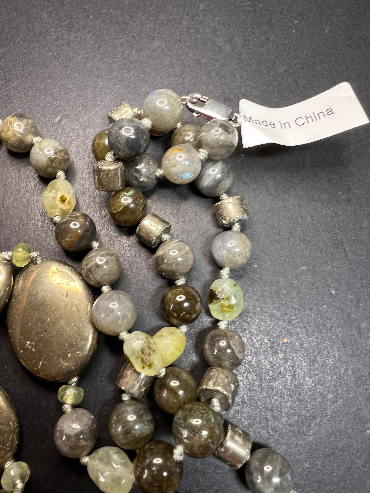 NEW pyrite and labradorite 32 inch necklace with sterling silver clasp