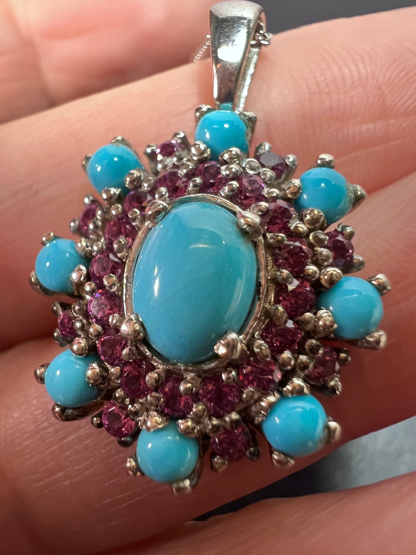 Turquoise grape rhodolite garnet sterling silver pendant and chain