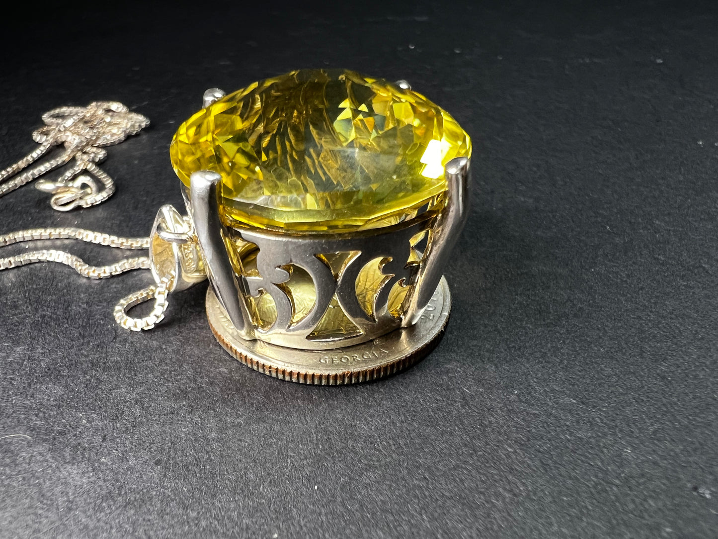 Huge Lemon Quartz Sterling Silver Statement Pendant Necklace 18” Chain