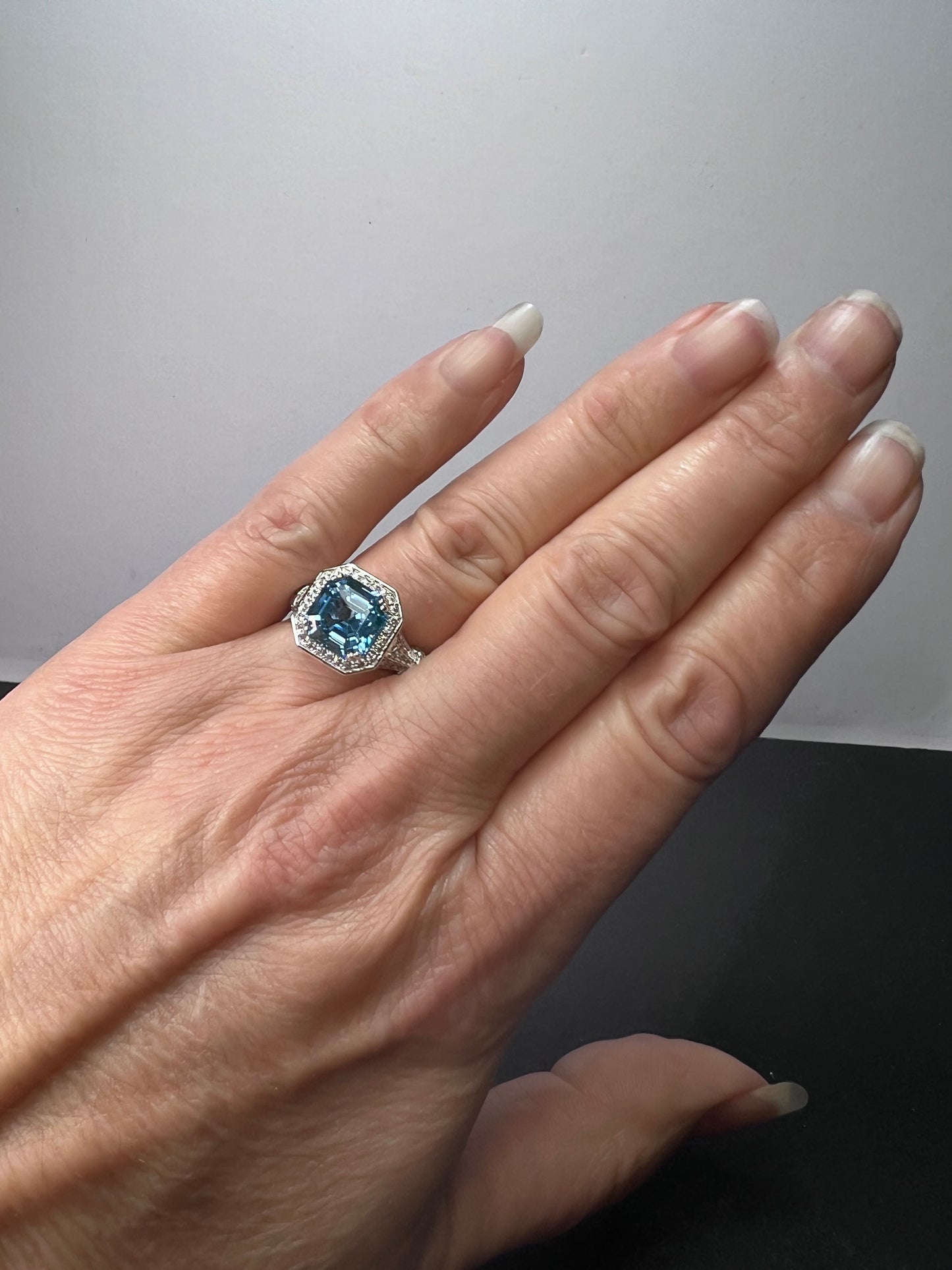 Blue zircon and CZ sterling silver cocktail ring size 7