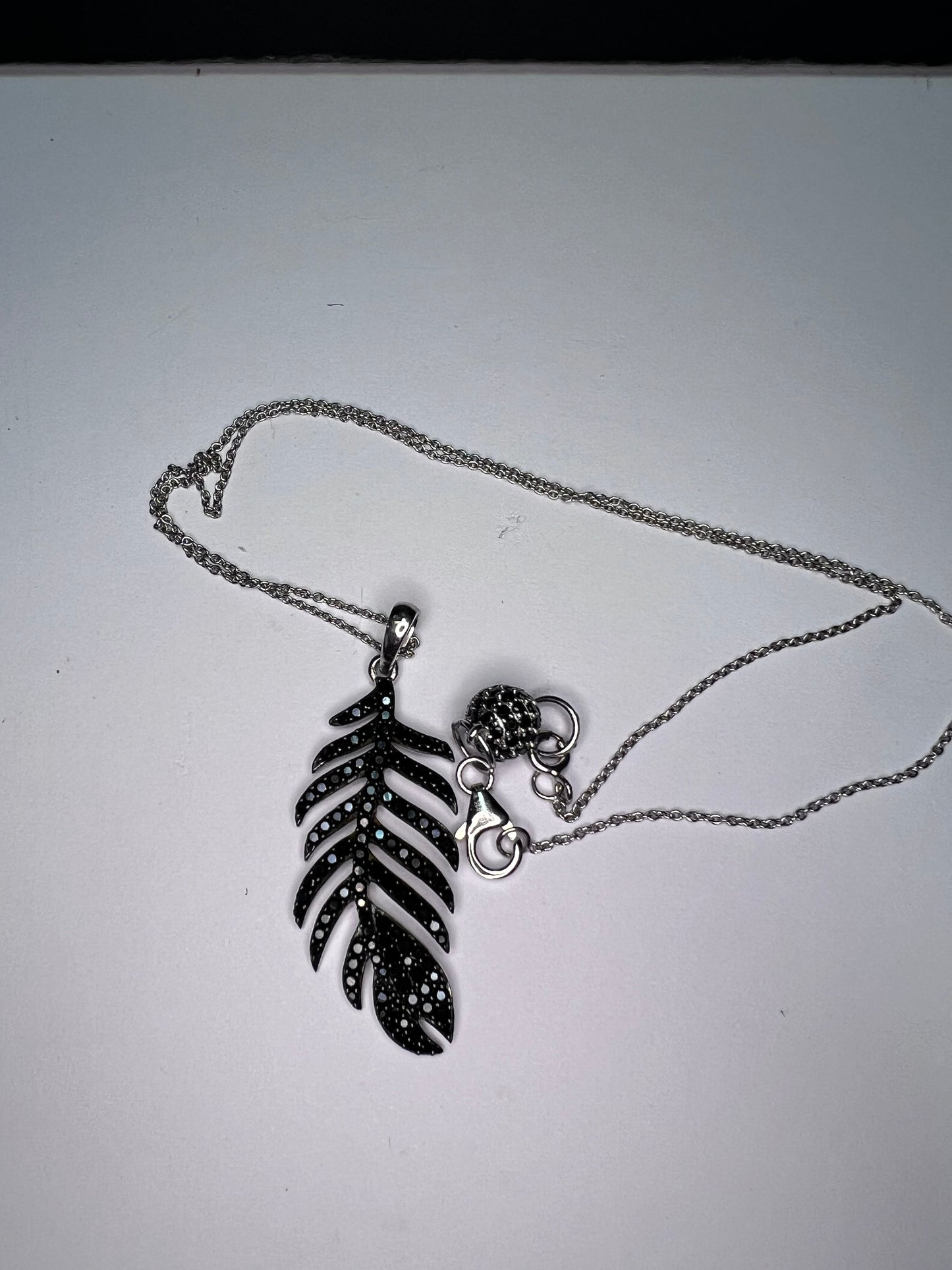 Black Spinel Sterling Silver Feather Pendant With 18 inch Chain