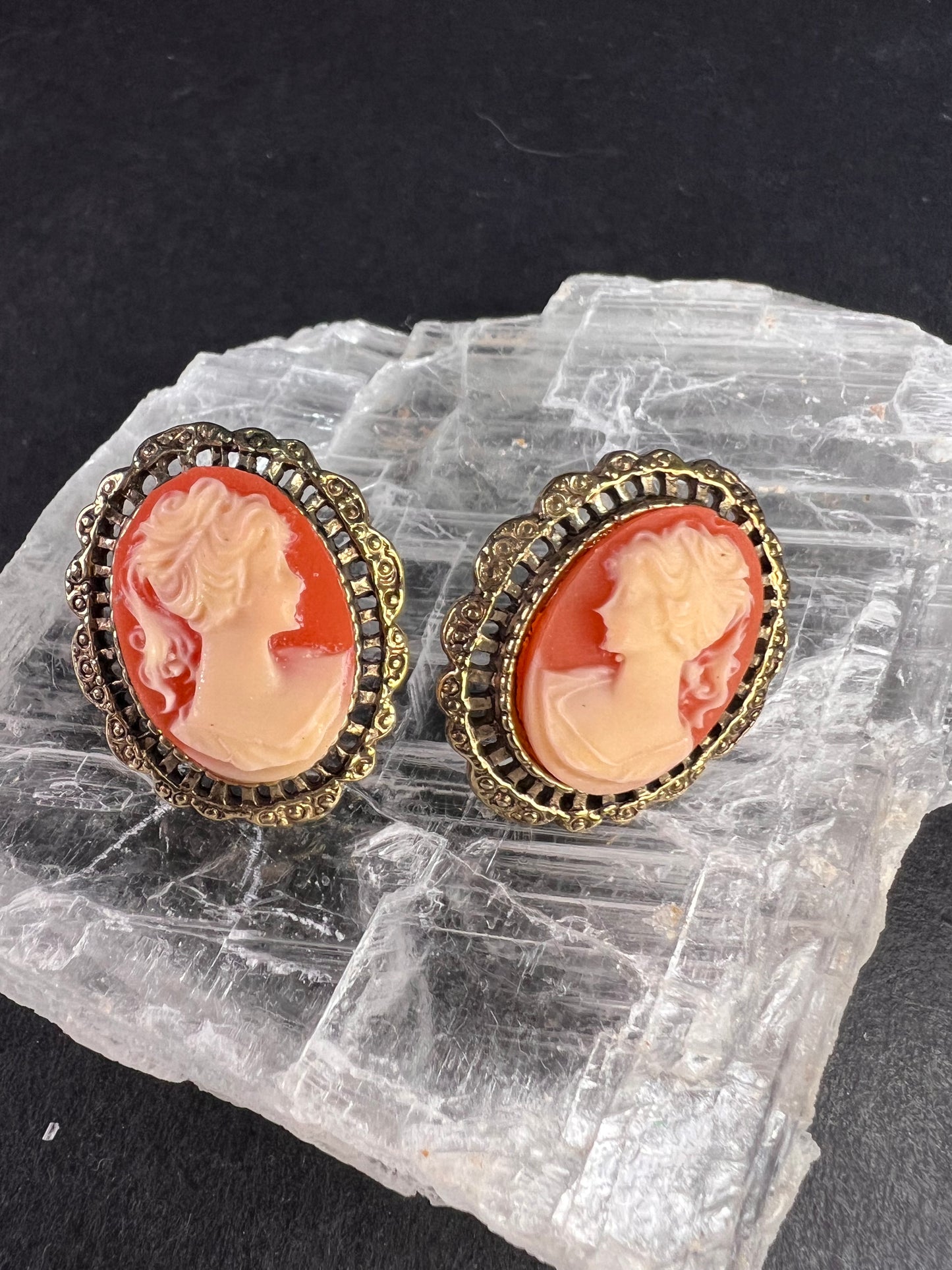 Vintage Carved Shell Cameo Stud Earrings Gold Tone Victorian Revival