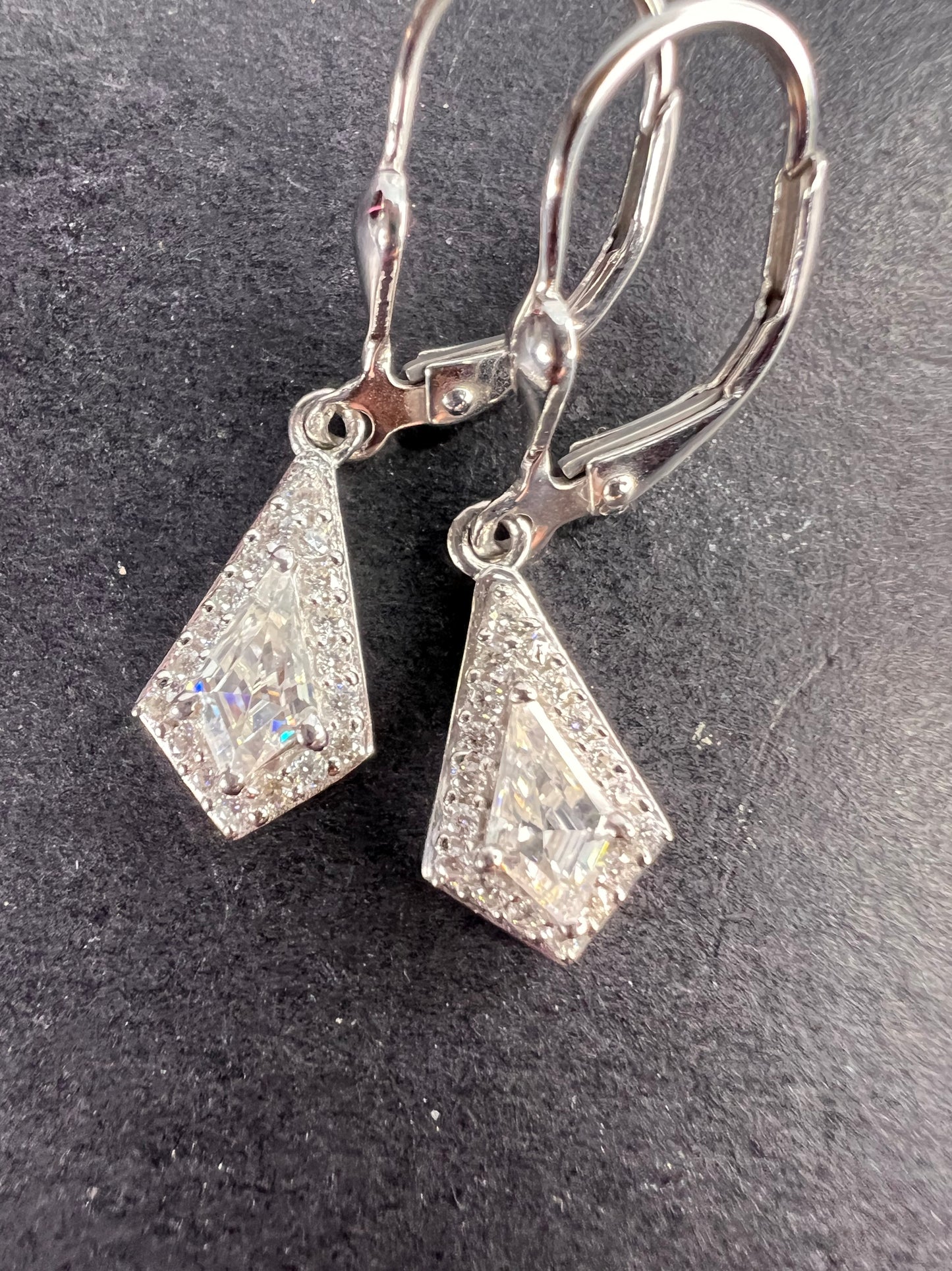 Moissanite lever back kite earrings in platinum over sterling silver *NEW*