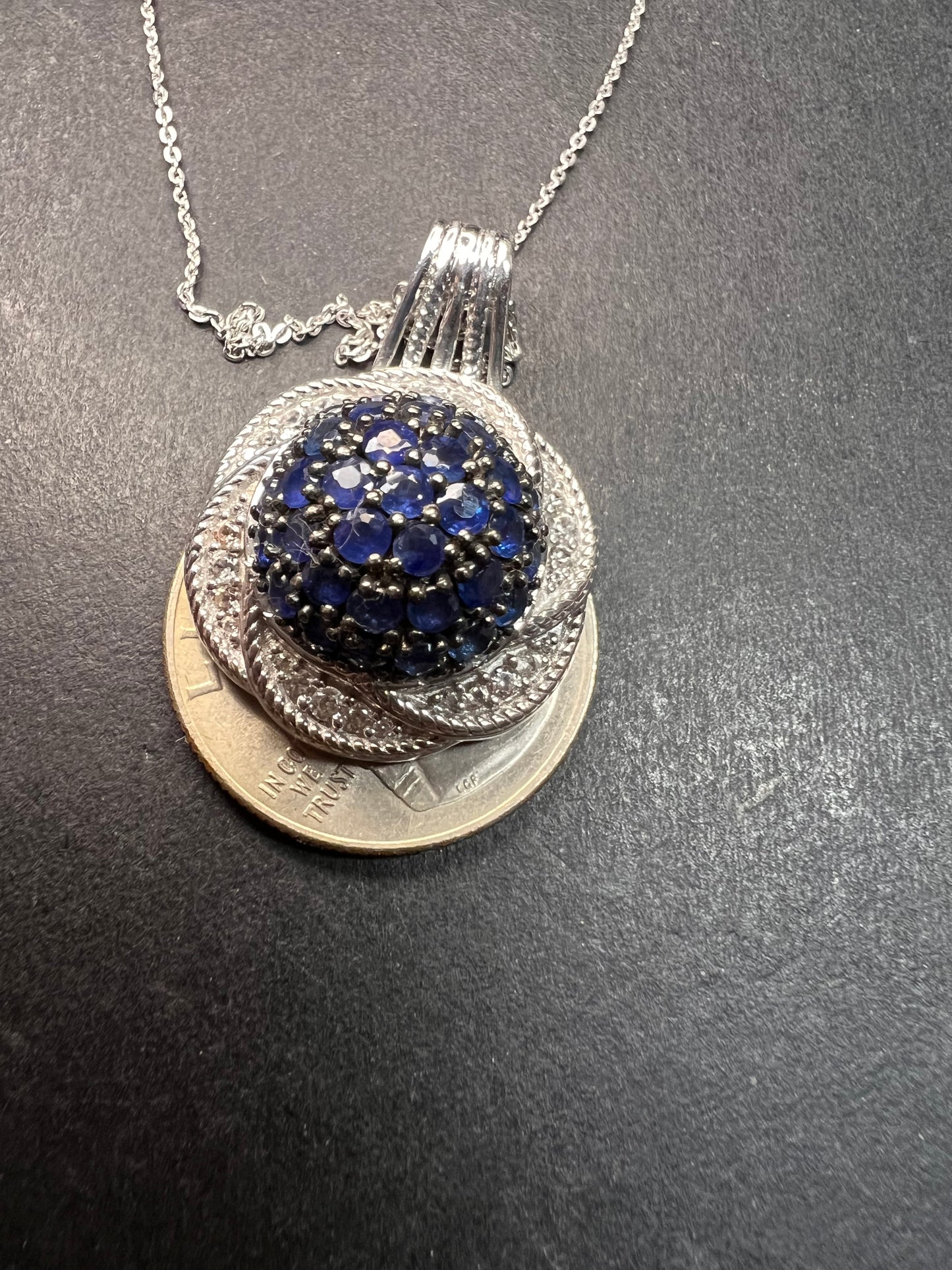 NEW blue sapphire and zircon galaxy halo pendant and chain in rhodium over sterling silver