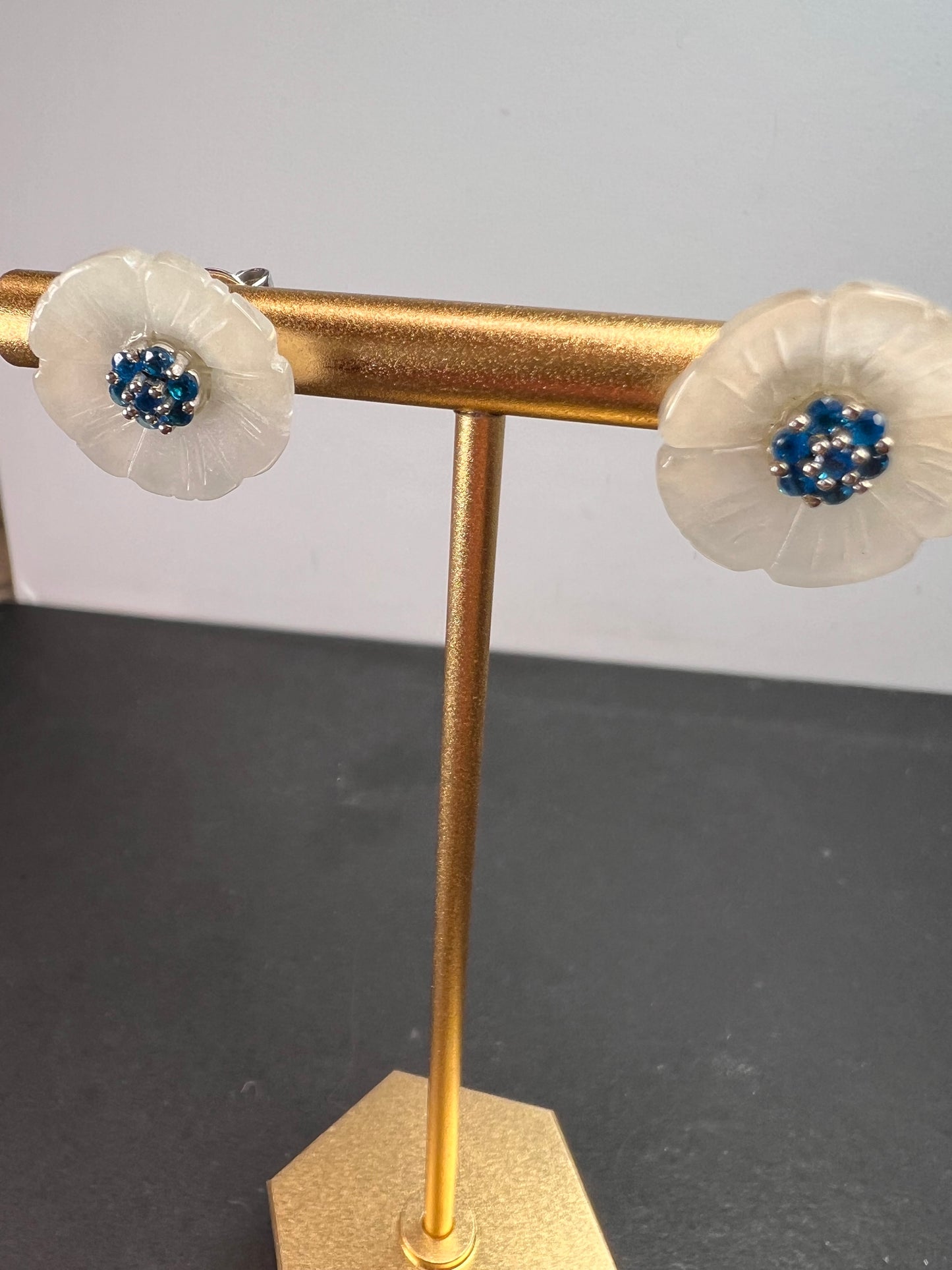 White Jade and neon blue apatite flower earrings in sterling silver