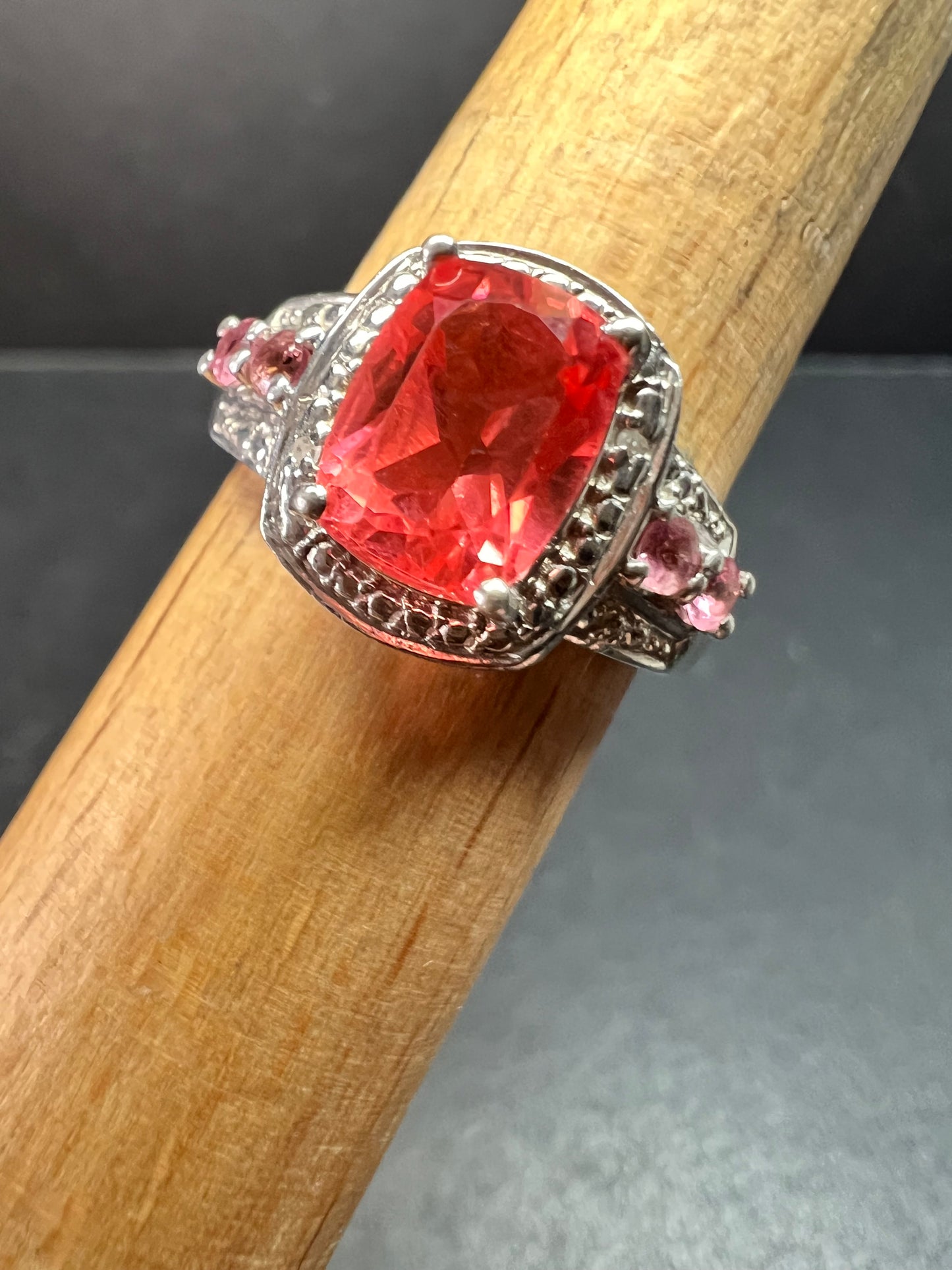 Sterling Silver Peach Red Quartz Doublet & Pink Tourmaline Ring 8.75