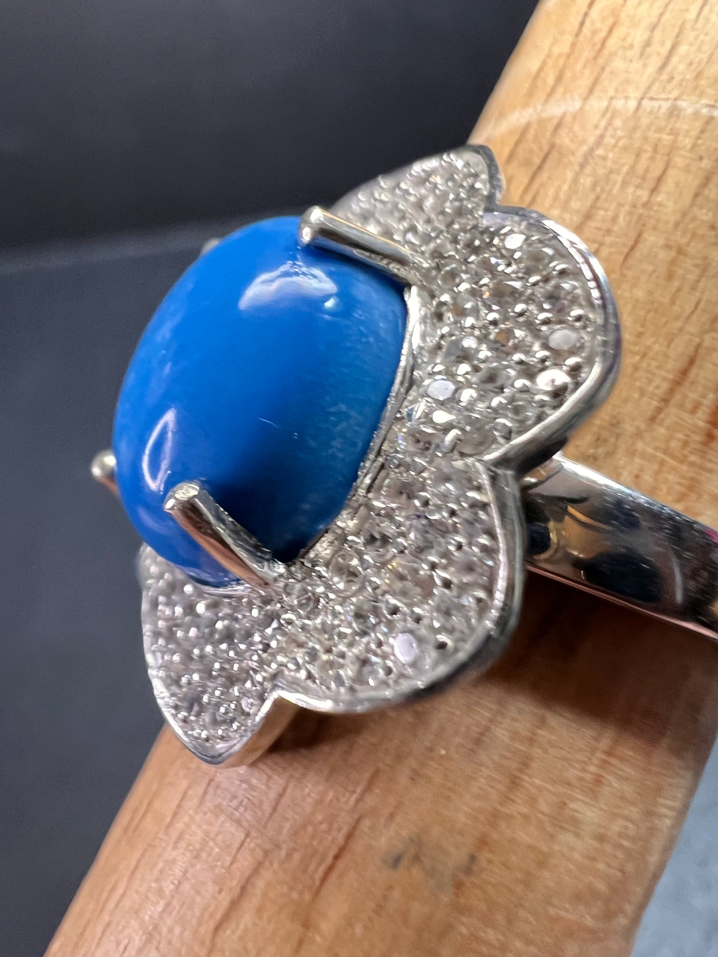 NEW Ceruleite and zircon blossom ring in rhodium over sterling silver size 8