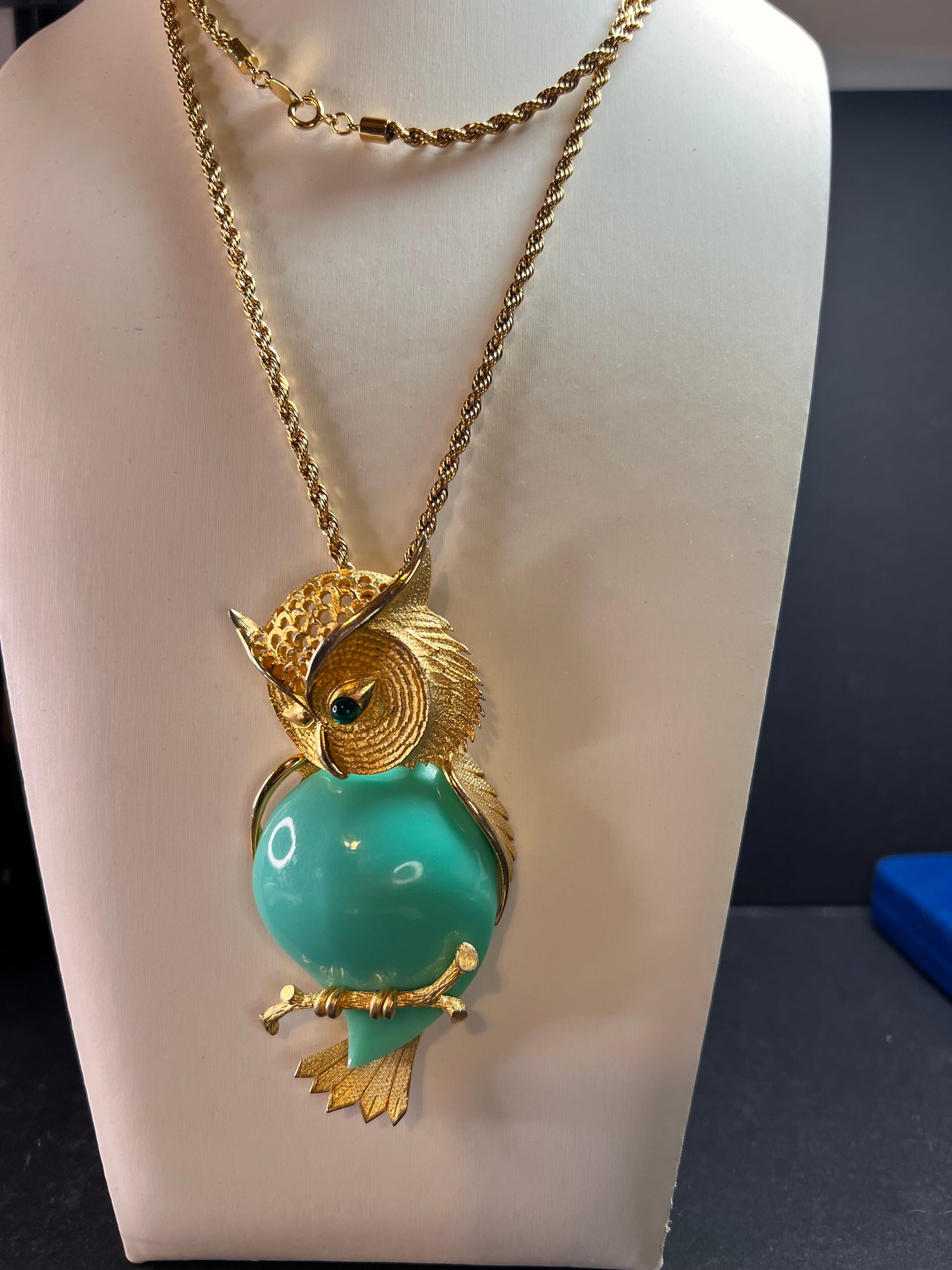 Spectacular Vintage 70s Owl Pendant Necklace | Long 36" Rope Chain | Turquoise