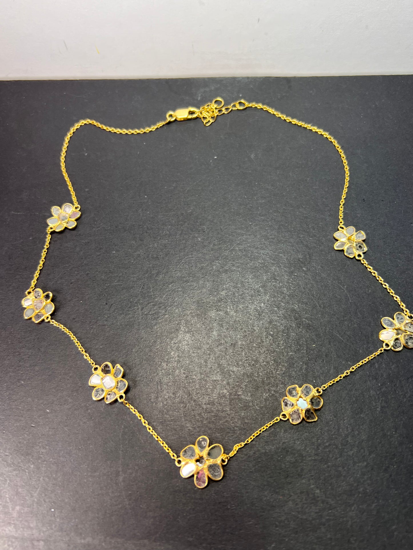 Polki diamond flowers station necklace in vermeil yellow gold over sterling silver