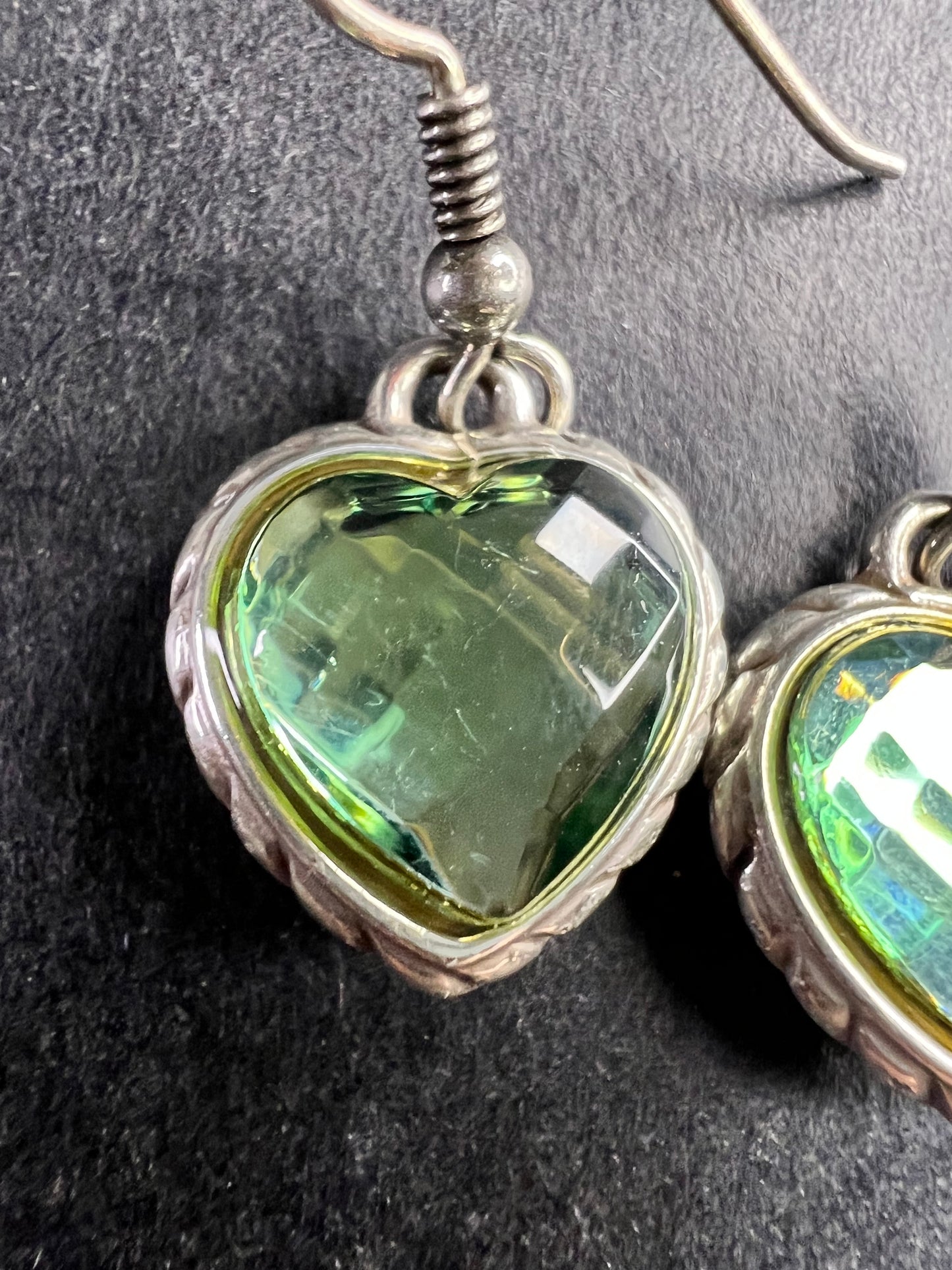 Vintage 90s Sterling Silver Green Glass Heart Earrings Gold Accent 925 Dangle