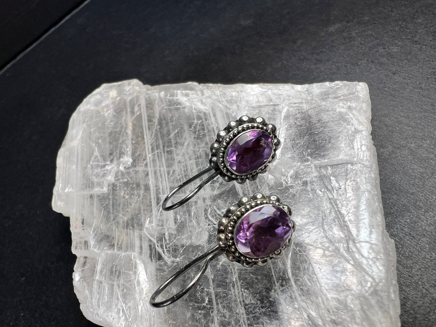 Vintage Balinese Sterling Silver Amethyst Drop Earrings Beaded Halo