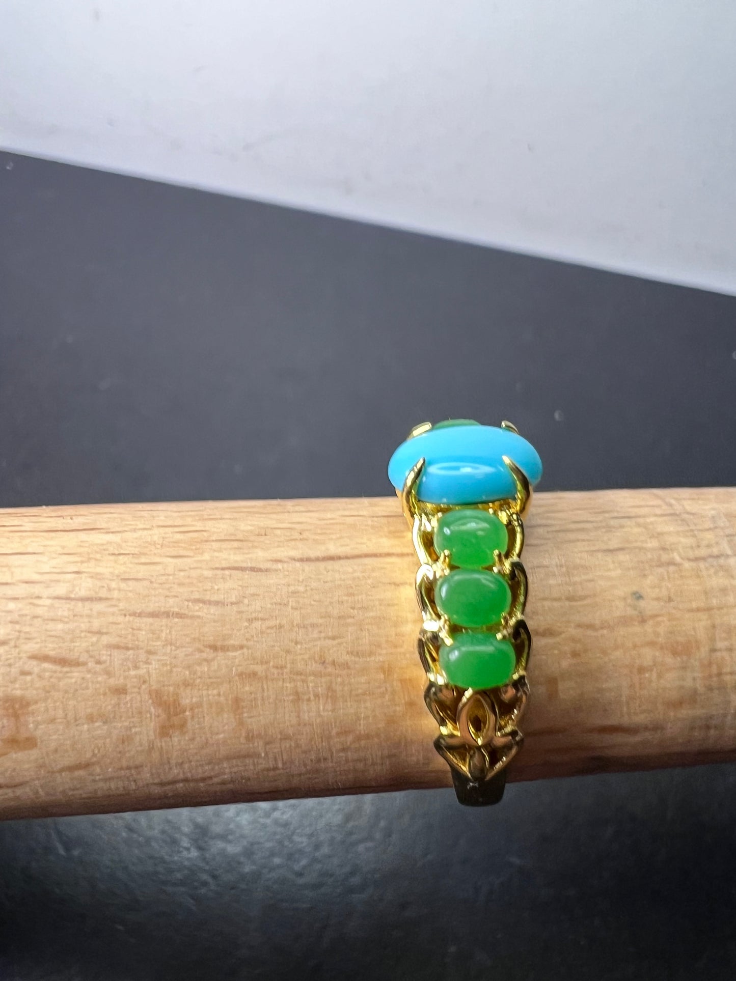 Sleeping Beauty turquoise and green jade 14k gold over silver ring size 9