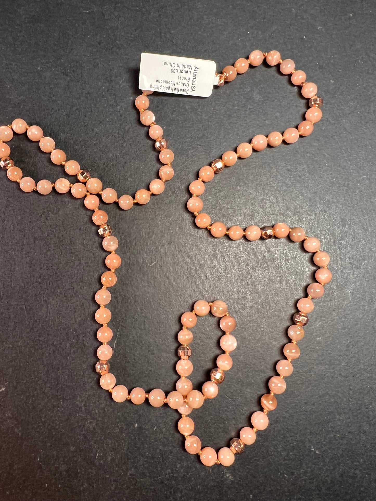 NEW Peach moonstone 30 inch knotted necklace with rose gold over bronze