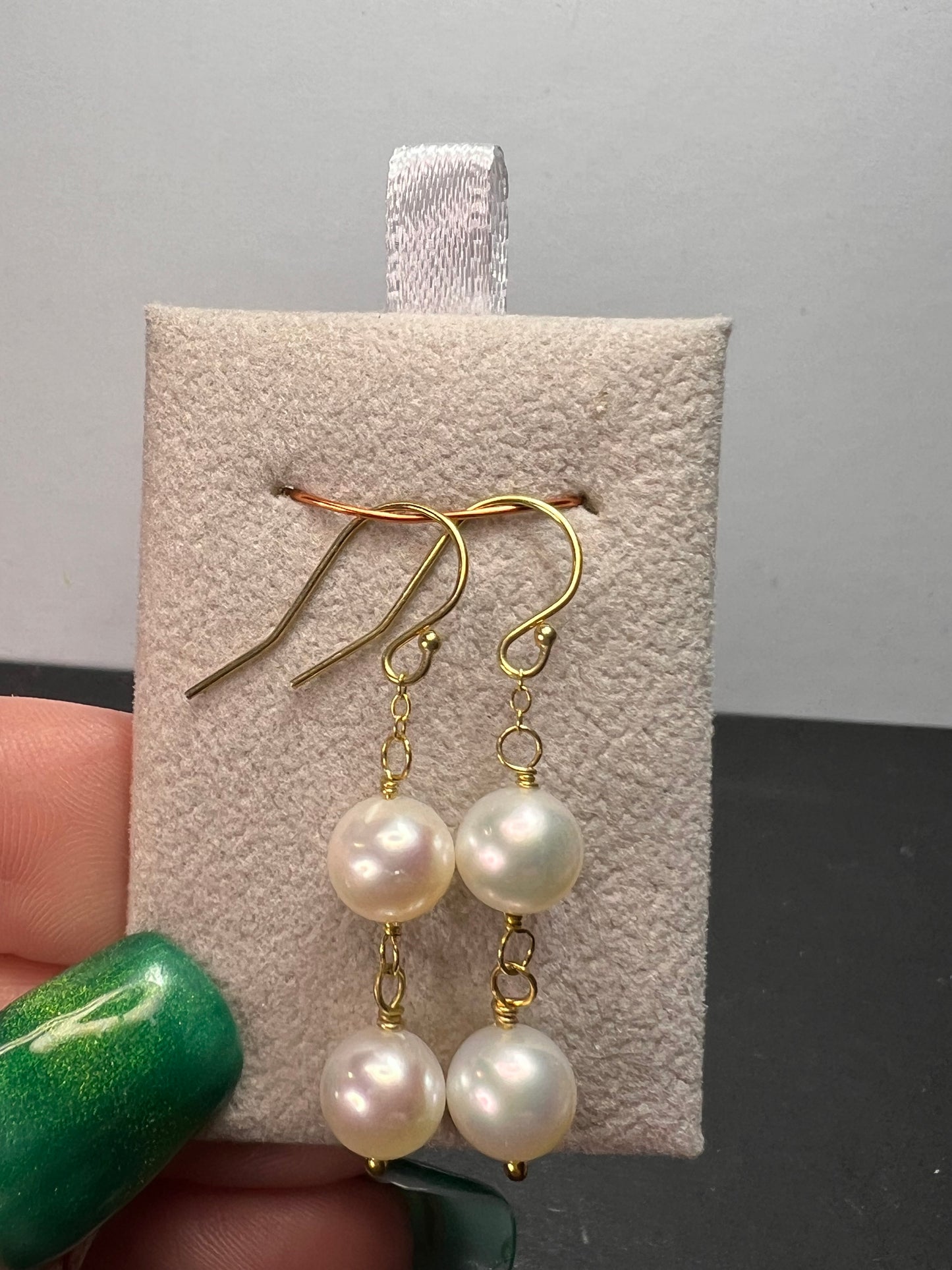 White cultured pearl dangle earrings in gold over sterling silver *NEW*