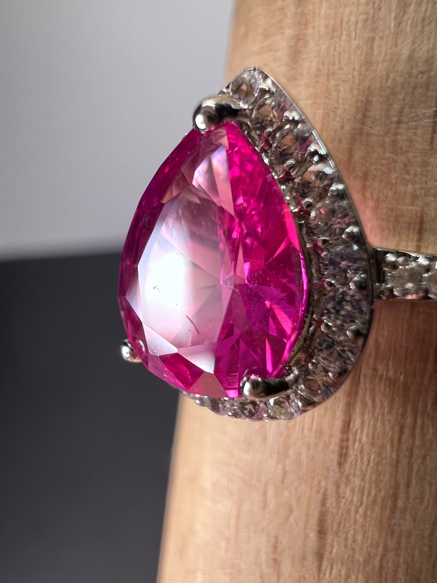 Barbie style lab pink sapphire sterling silver halo ring size 9