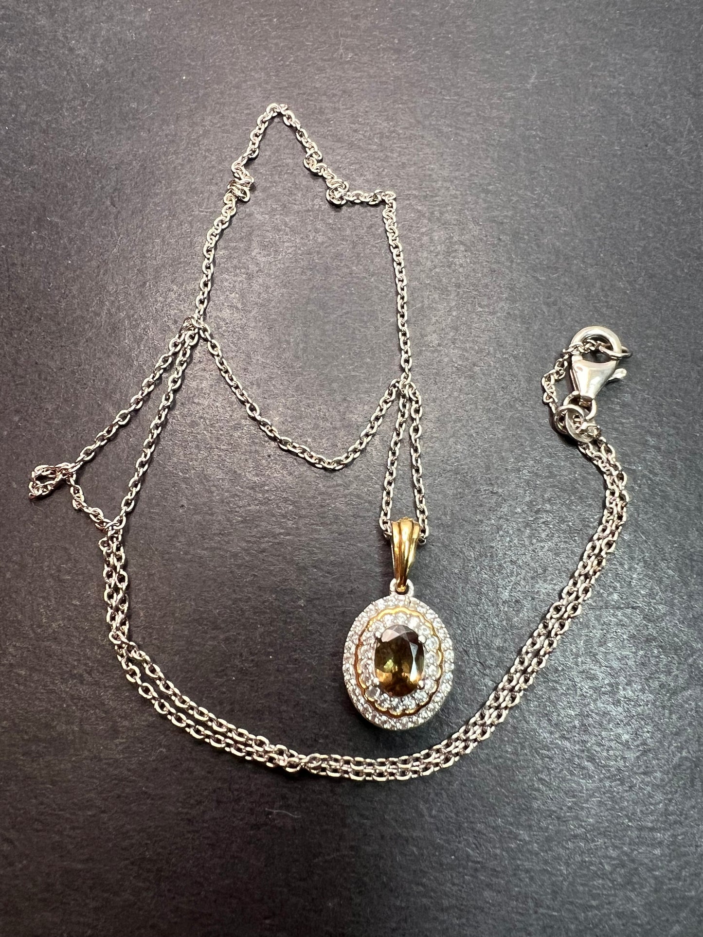 Golden tanzanite and zircon double halo two toned sterling silver pendant and chain necklace