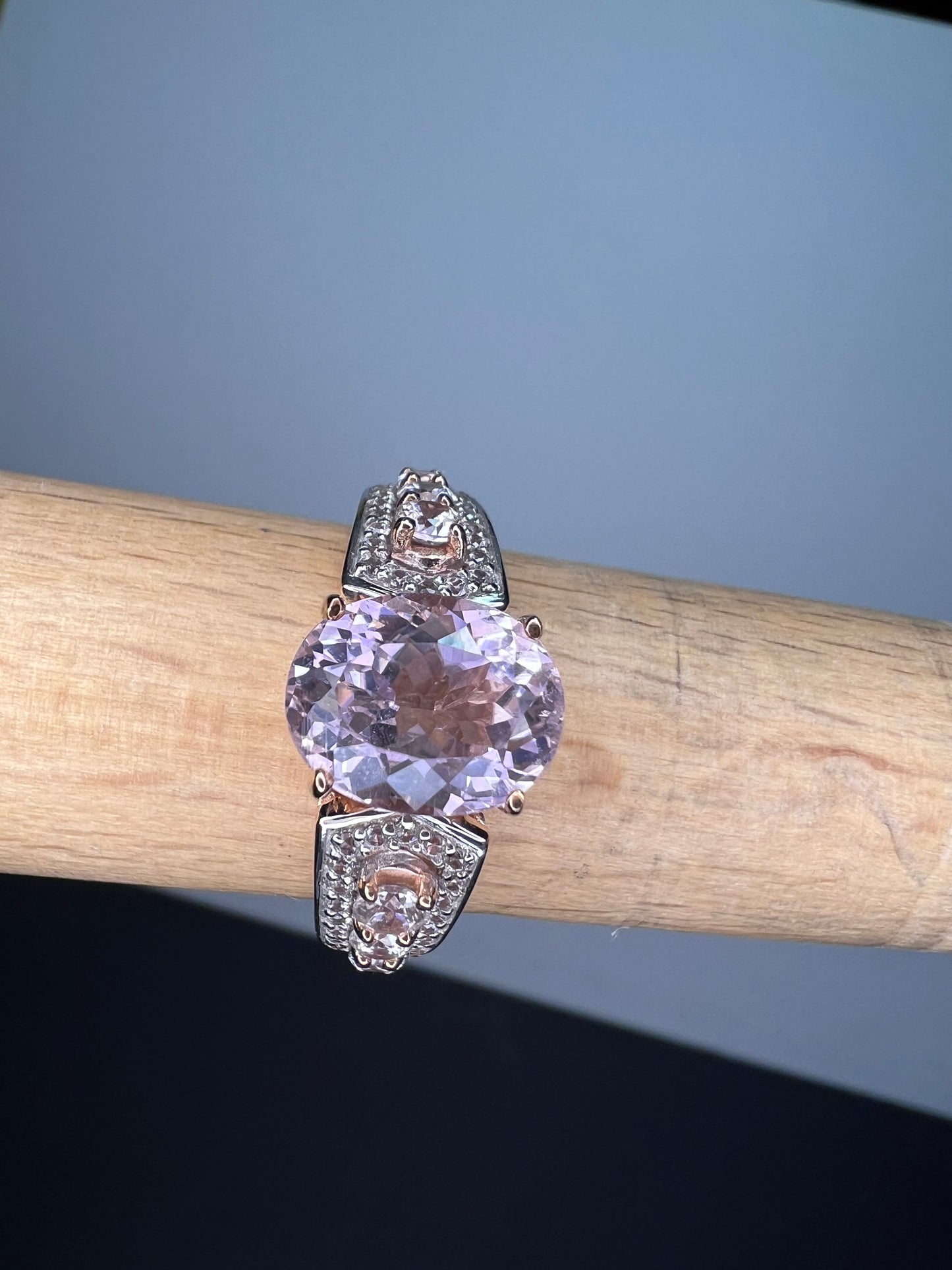 Kunzite and white topaz 18k rose gold over sterling silver ring size 9