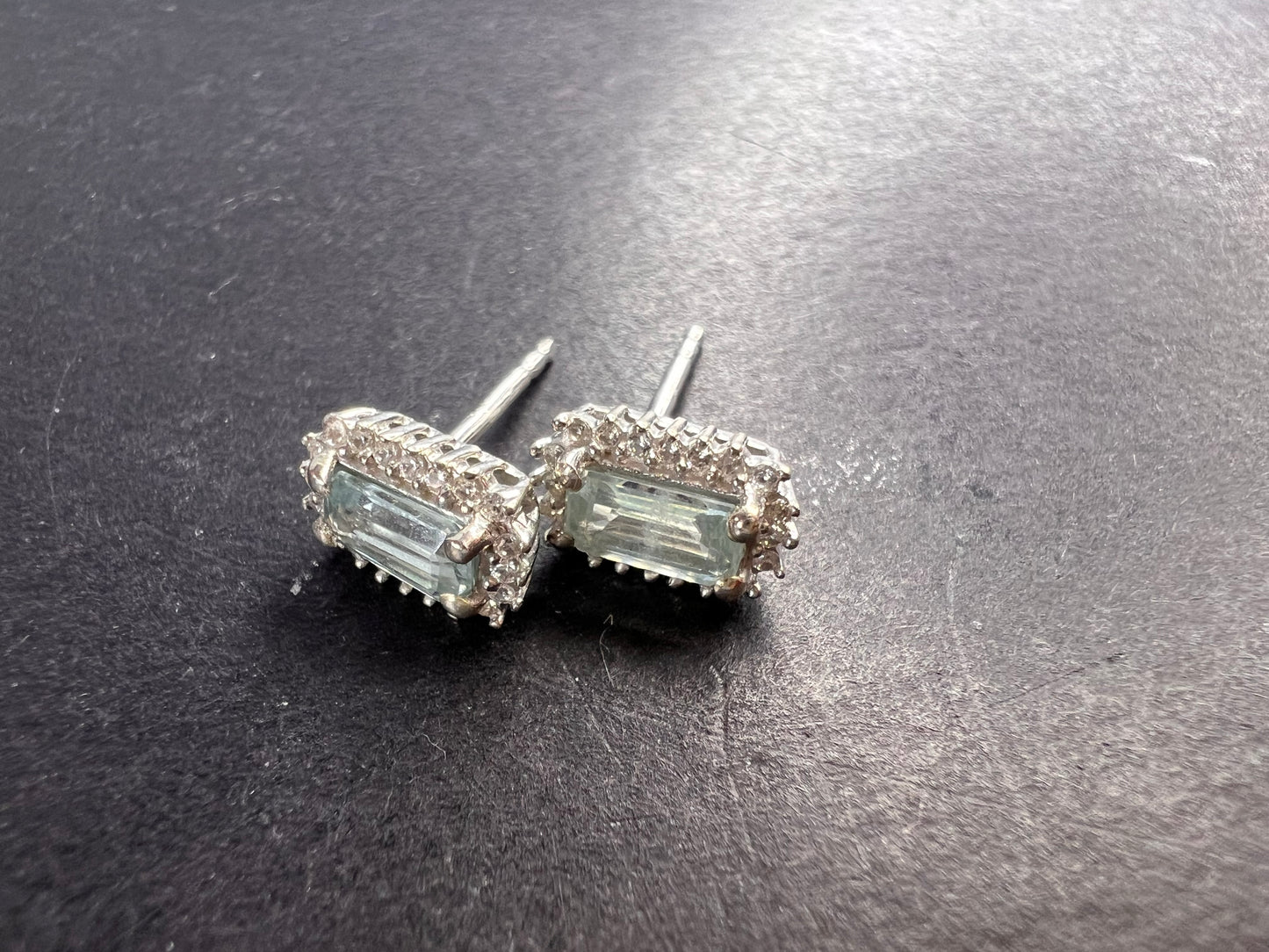 Aqua kyanite and zircon halo stud earrings in platinum over sterling silver 1.10ctw *NEW*