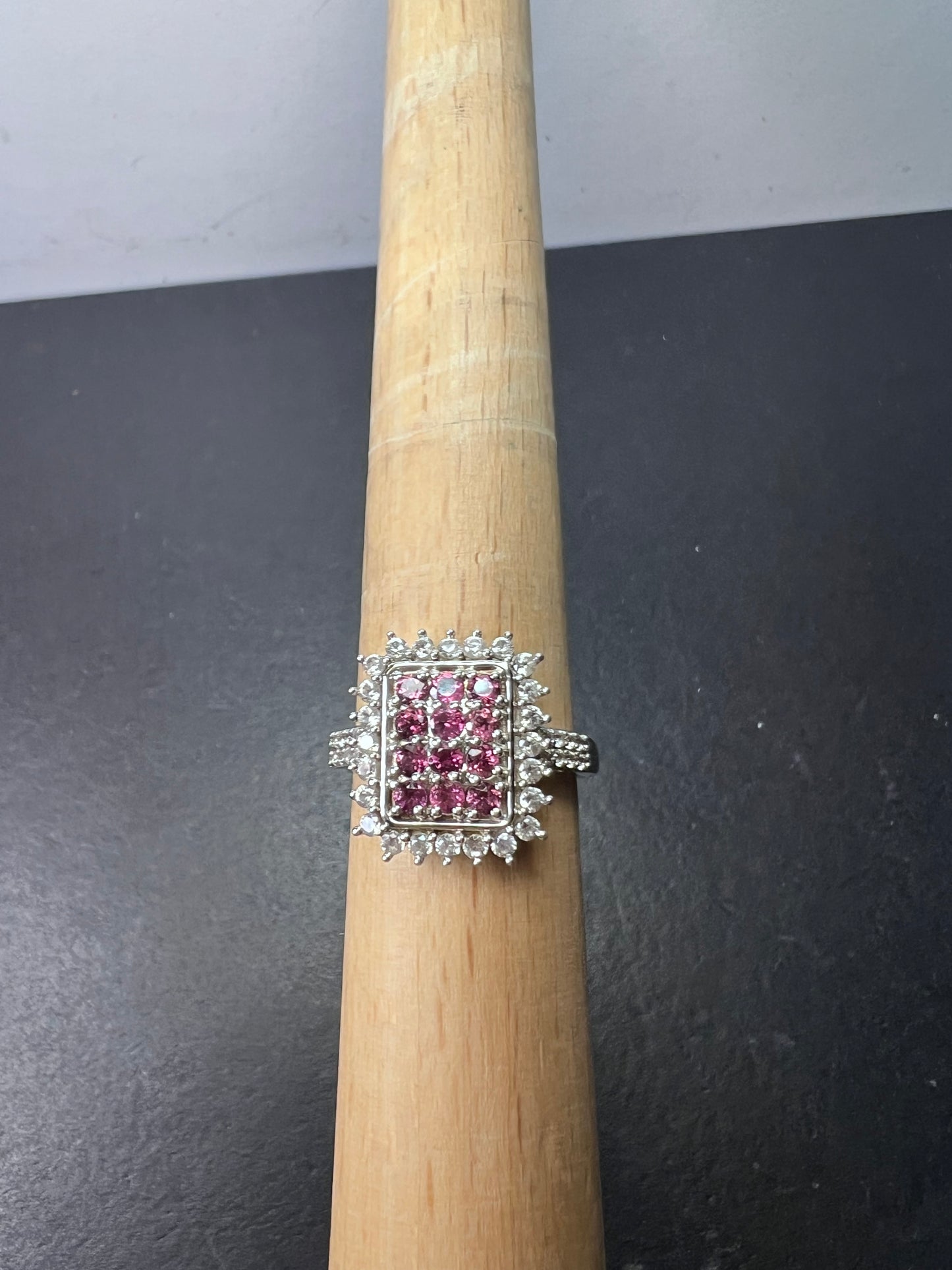 Pink tourmaline and white topaz sterling silver cluster ring size 9