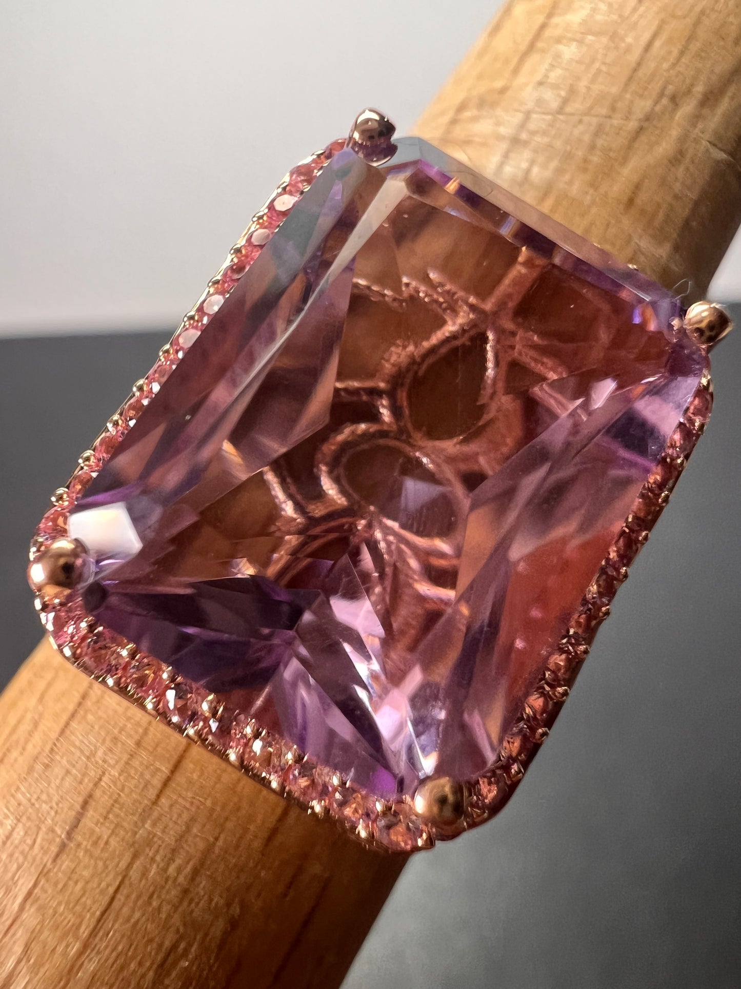 Radiant cut rose de France amethyst and pink sapphire halo ring in rose gold vermeil over sterling silver size 8 *NEW*