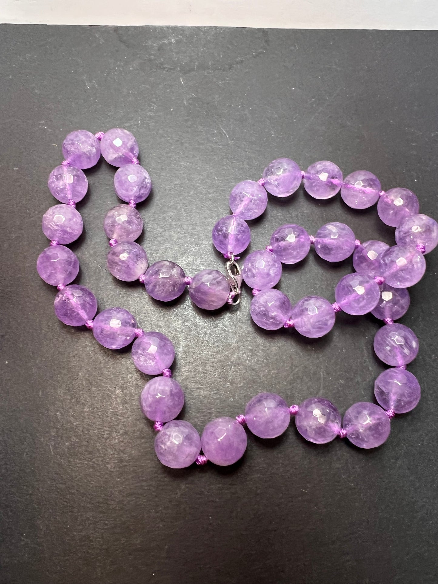 Faceted lavender amethyst knotted necklace with sterling clasp