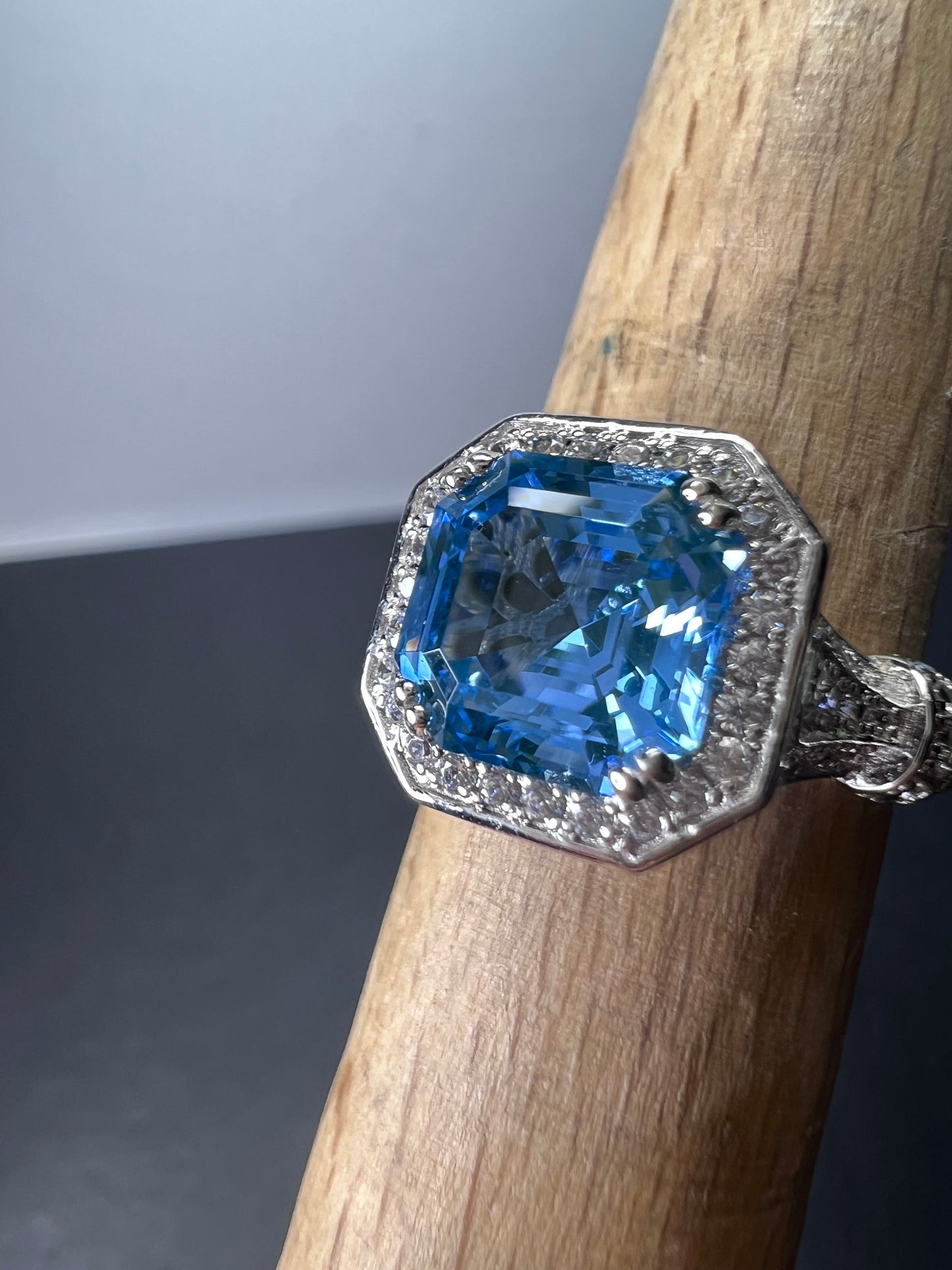 Blue zircon and CZ sterling silver cocktail ring size 7