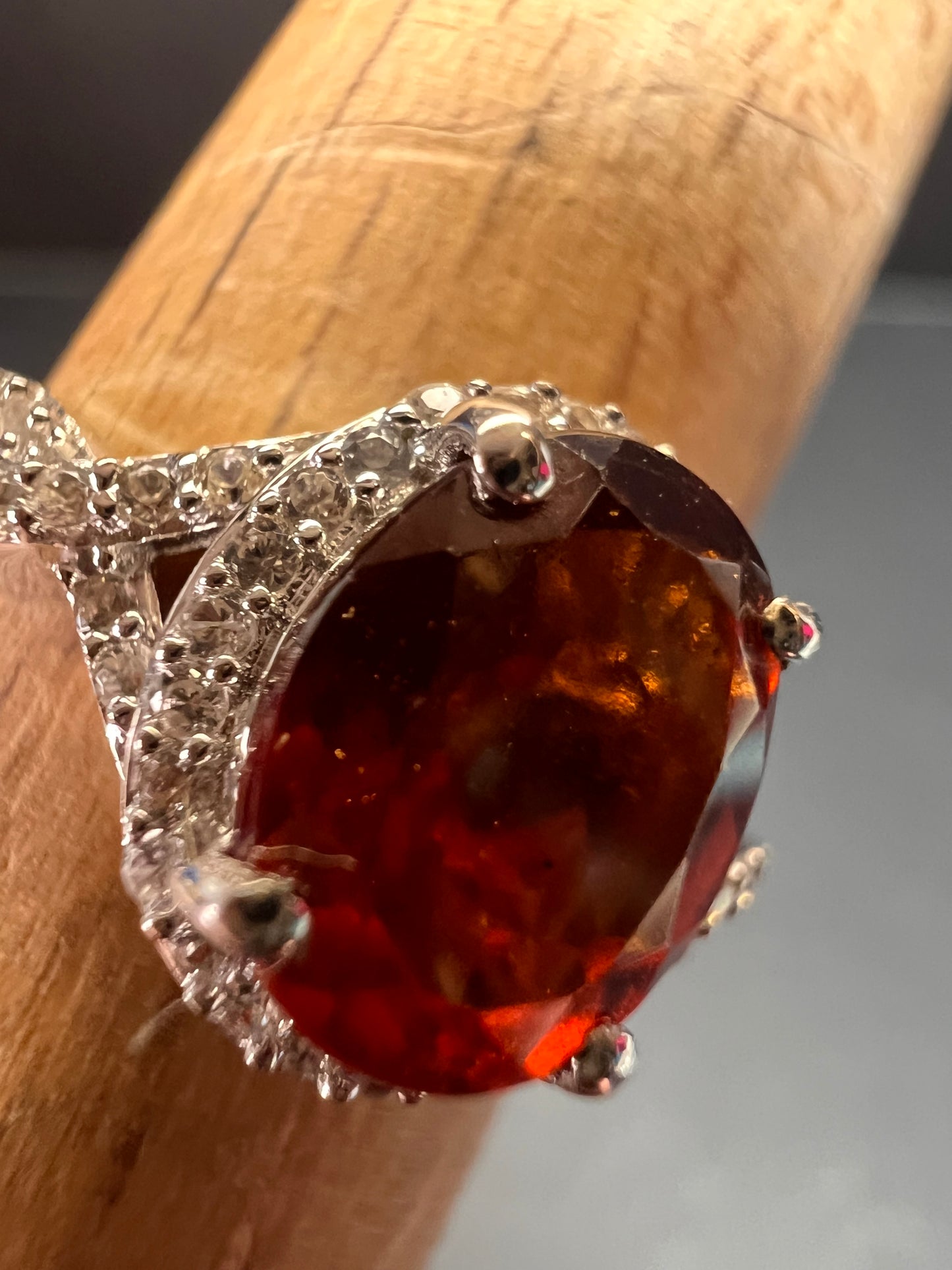 NEW Ceylon Hessonite garnet and zircon ring in rhodium over sterling silver size 7