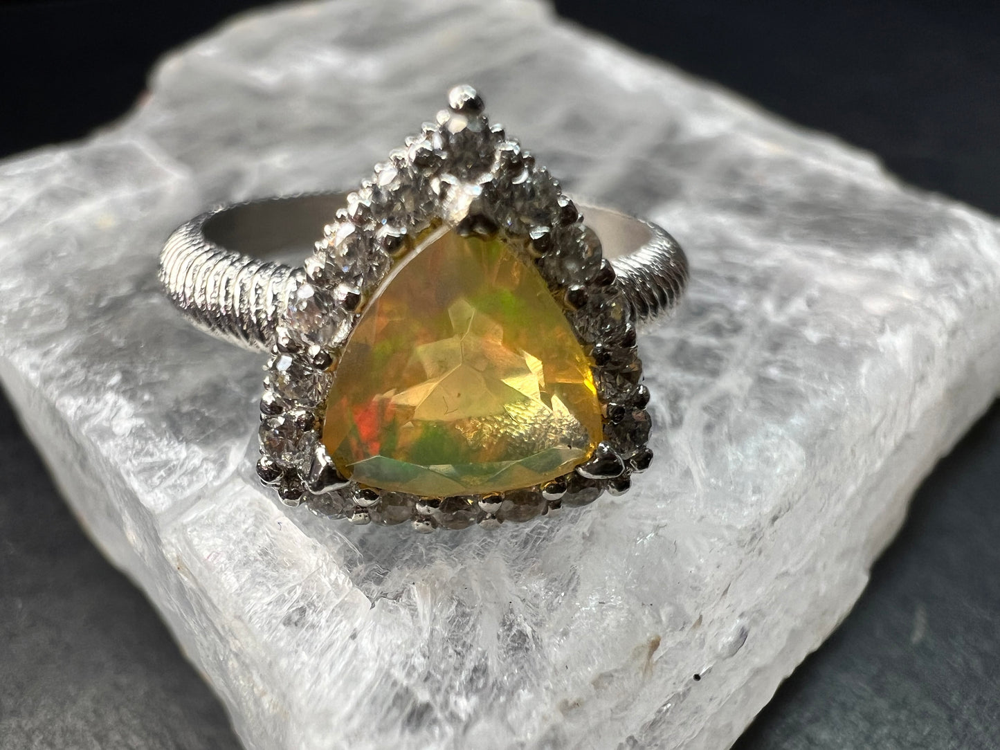 Ethiopian Opal Halo Ring Sterling Silver Size 7 Trillion Cut