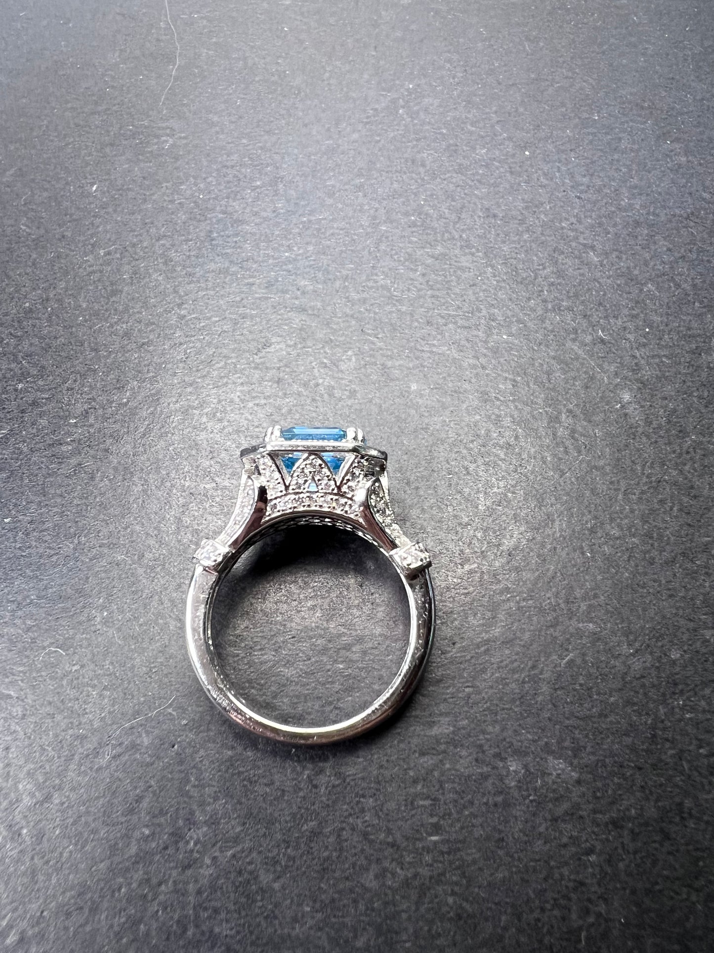 Blue zircon and CZ sterling silver cocktail ring size 7