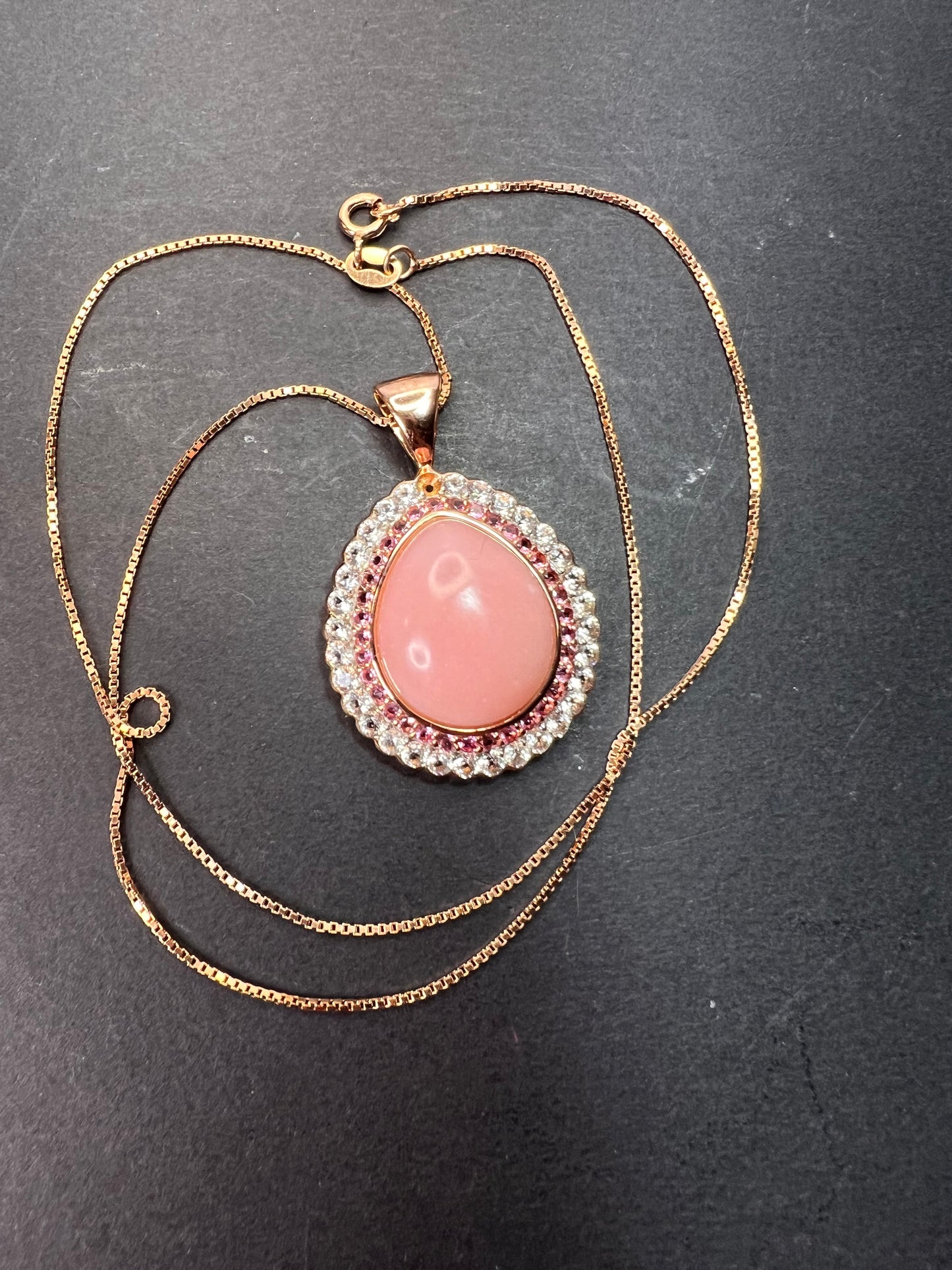 Pink opal, pink tourmaline and white topaz pendant necklace rose gold over sterling 18 inch chain