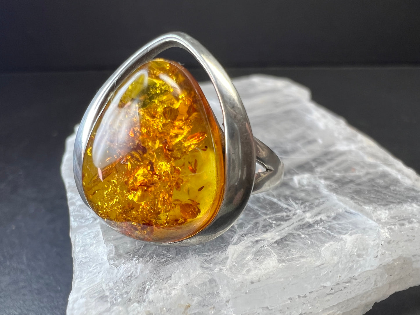 Sterling Silver Baltic Amber Ring Size 8 Teardrop Cabochon