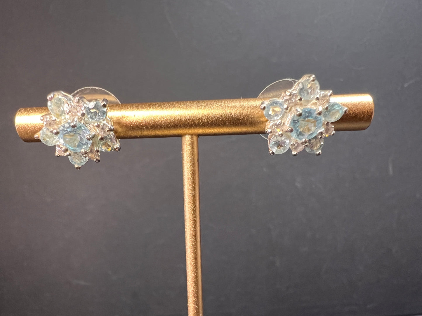 Vintage blue topaz and cz sterling silver snowflake stud earrings