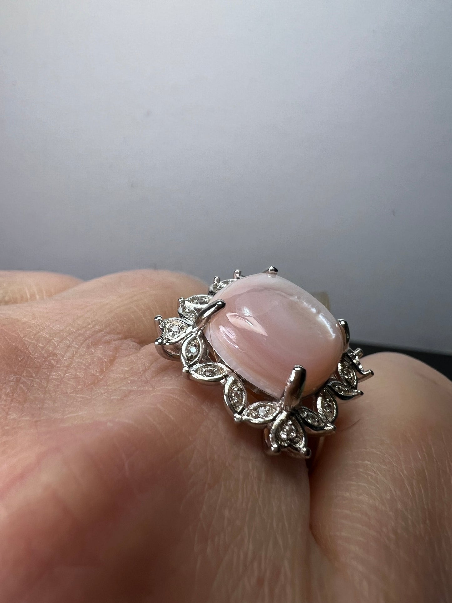 Pink Mother-of-Pearl With White Zircon Rhodium Over Sterling Silver Ring size 8