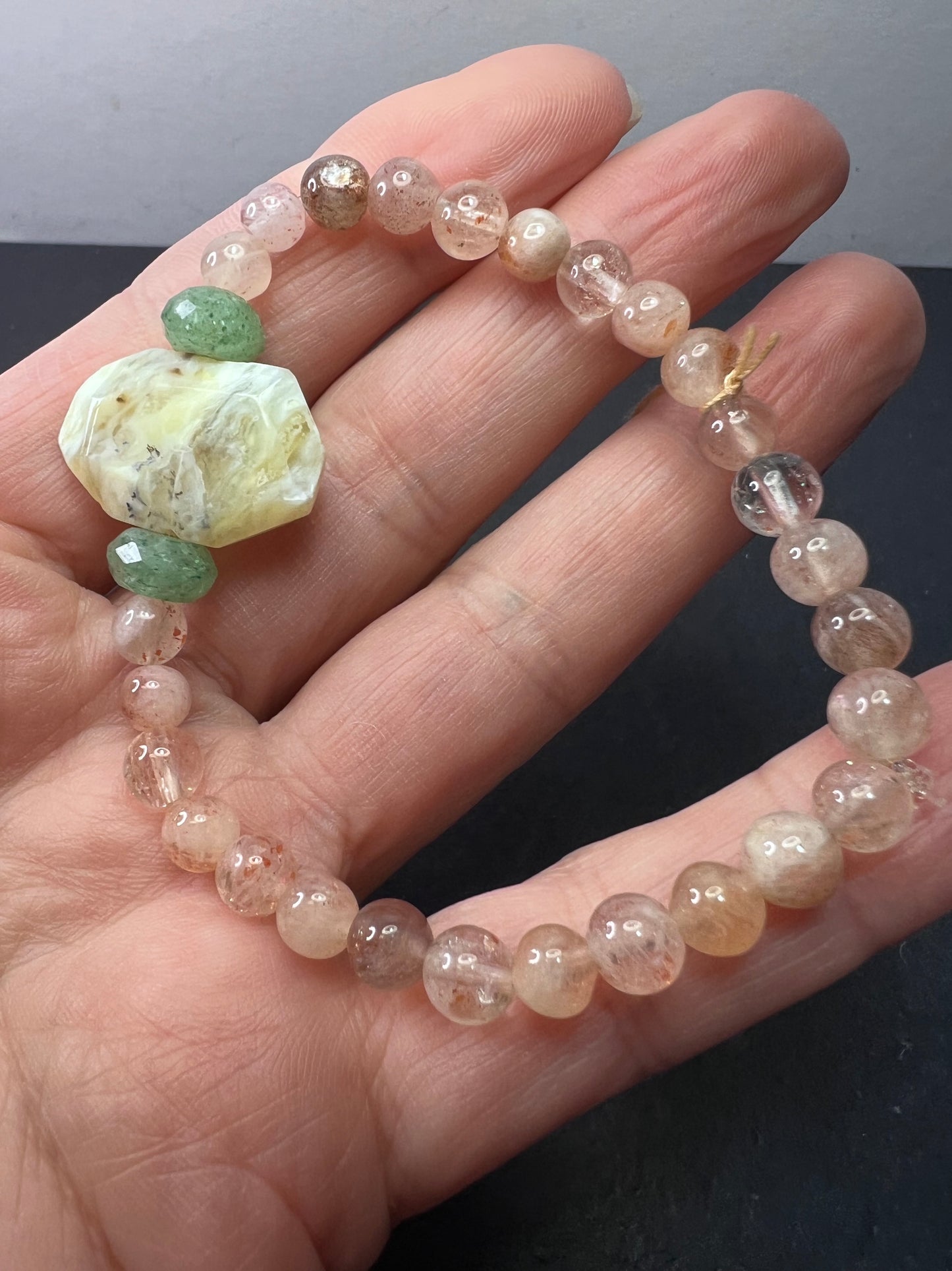 Sunstone , yellow opal , and green aventurine stretch bracelet 7 inch