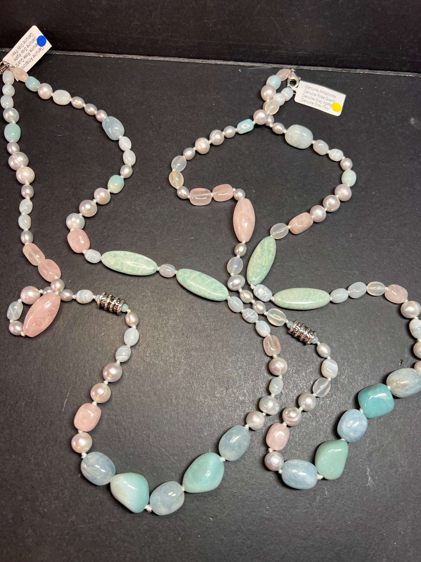 NEW amazonite , pearl multi stone sterling silver 30 inch necklace