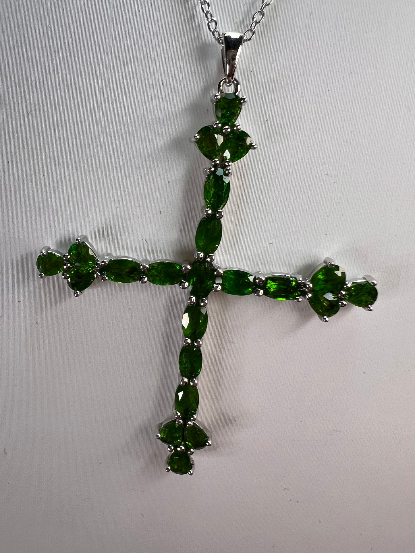 Chrome diopside cross pendant and chain in sterling silver