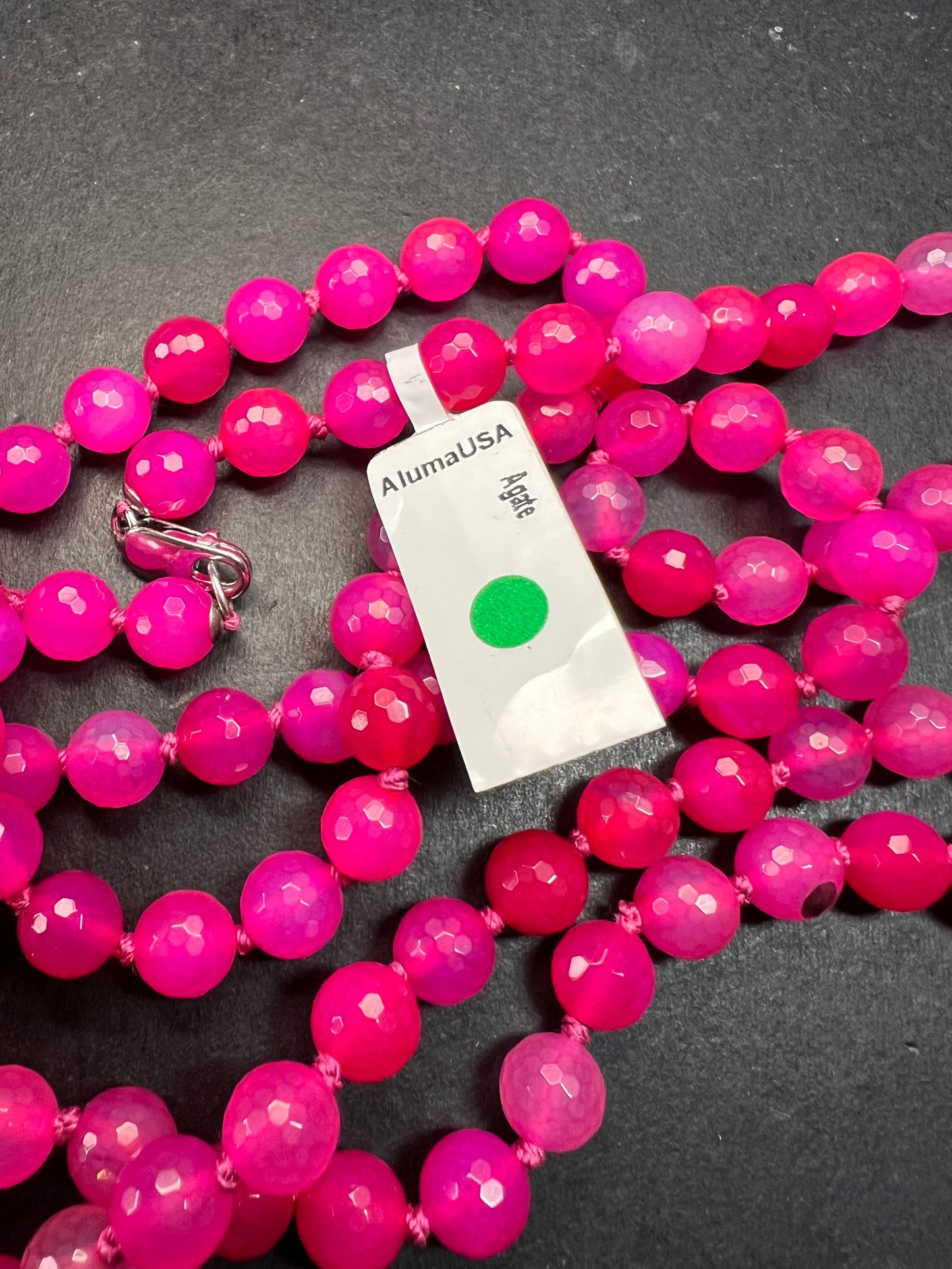 NEW fuchsia pink dyed agate 36 inch knotted bead necklace with sterling silver clasp