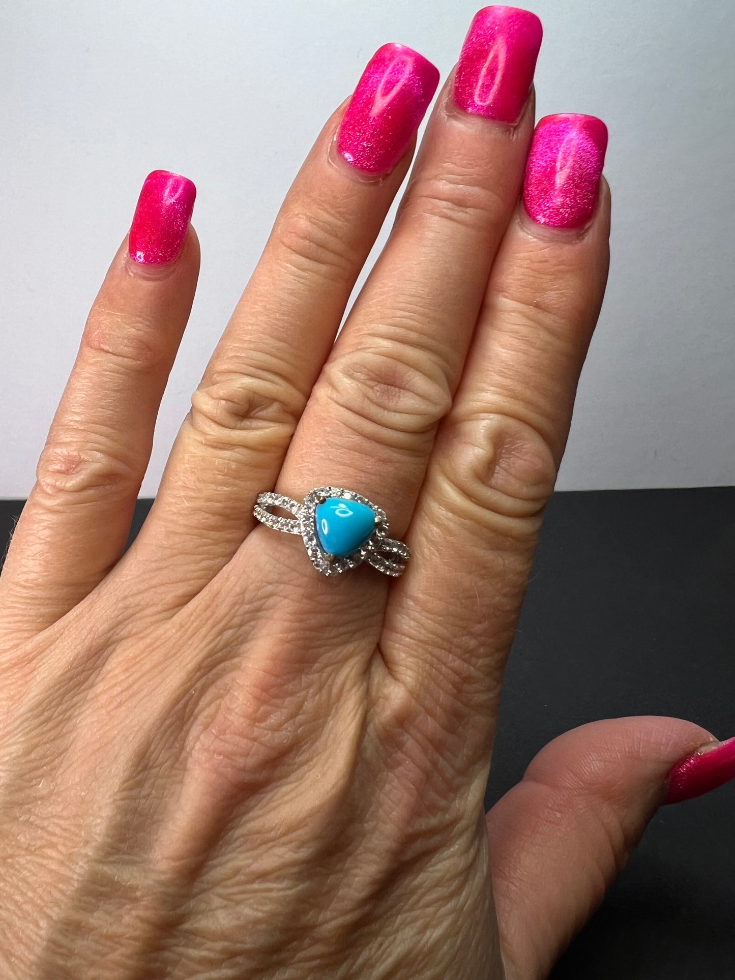 American sleeping beauty turquoise and zircon ring in platinum over sterling silver 2.60 ctw size 8